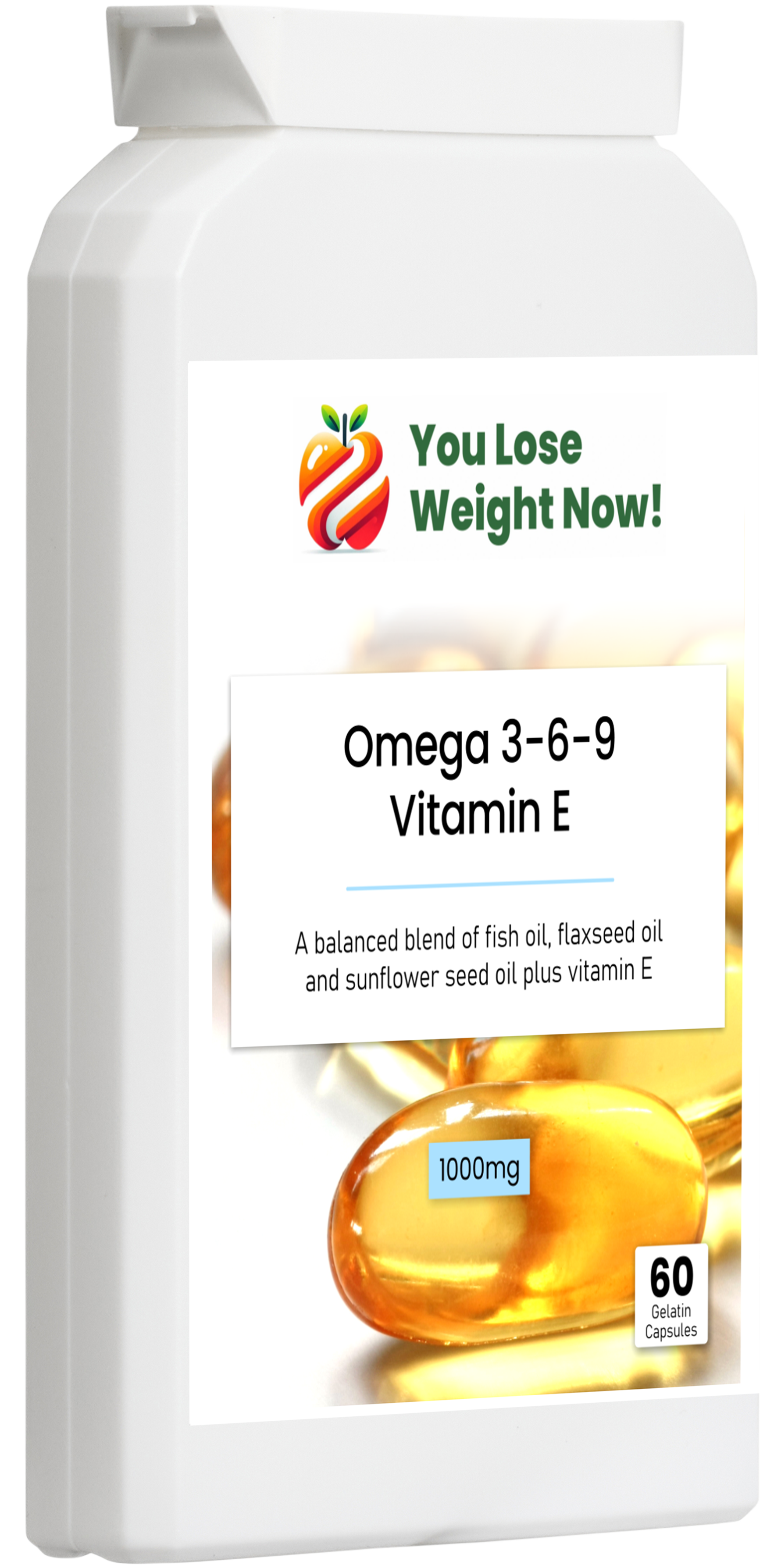 YouLoseWeightNow! Omega 3-6-9 Vitamin E — right side view of the tiny flat supplement pot showing its short, squat, wide disc shape ideal for letterbox delivery