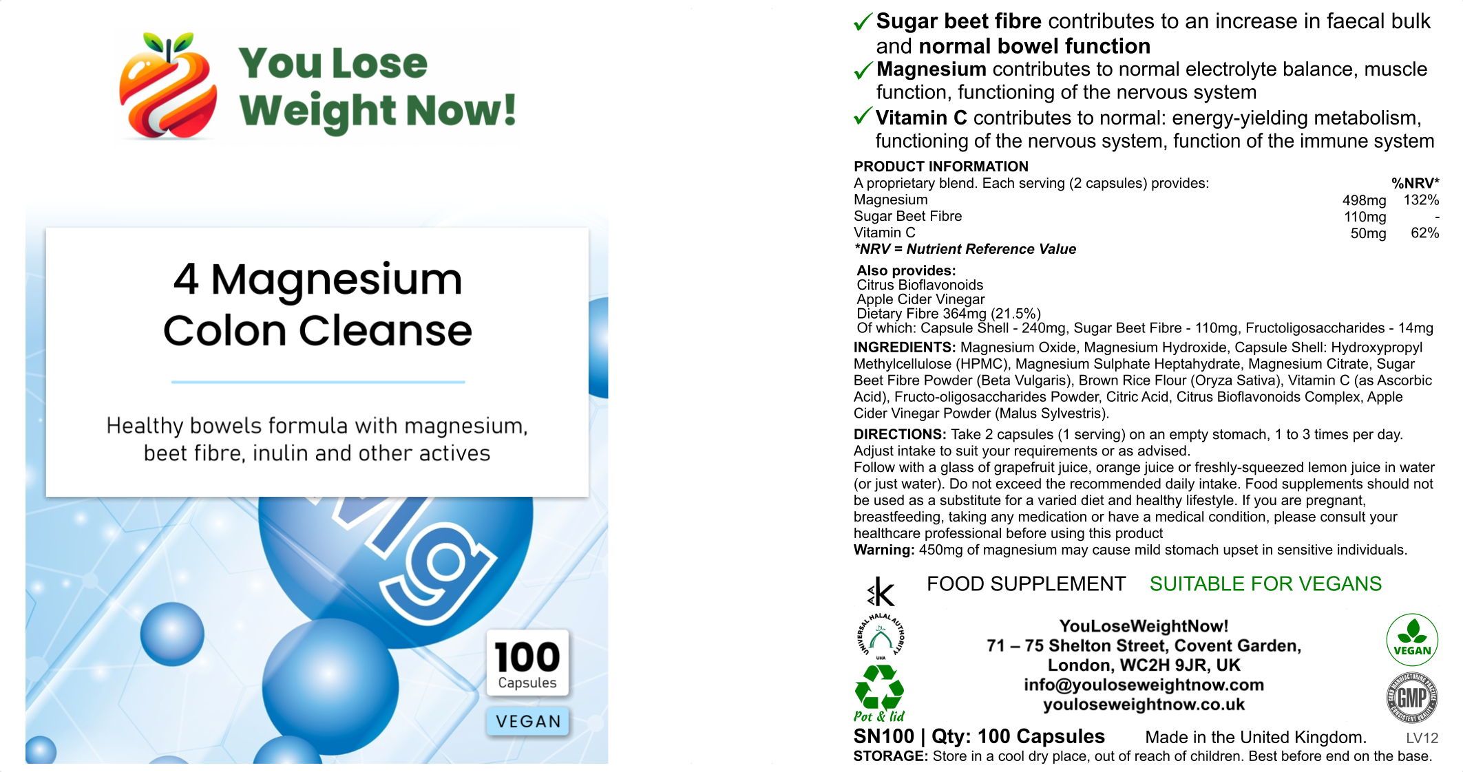 YouLoseWeightNow! 4 Magnesium Colon Cleanse — 3-panel hero render showing front, side and back of the tiny flat wide-lidded supplement pot, 100 vegan capsules, SN100, on a clean white background.