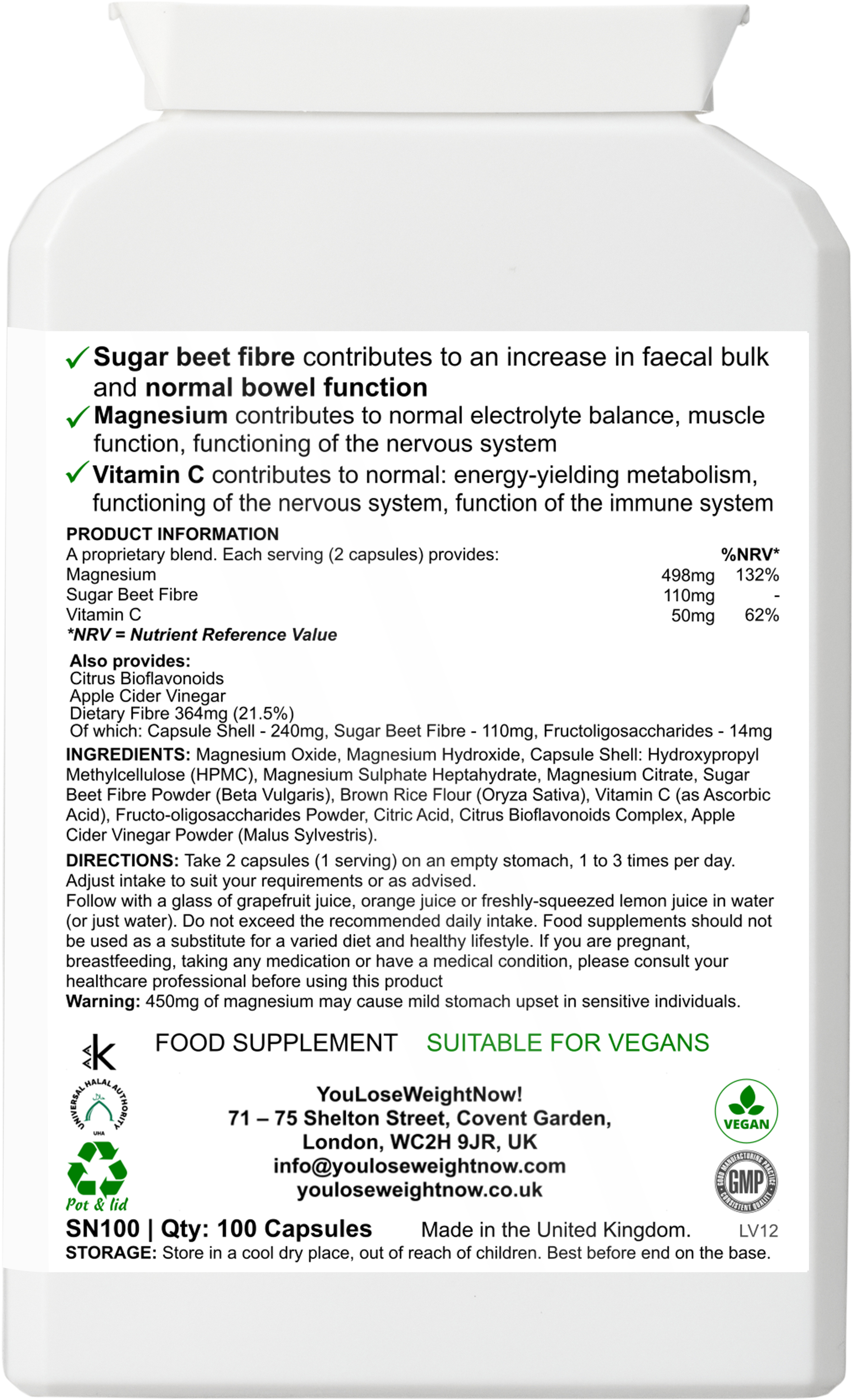 YouLoseWeightNow! 4 Magnesium Colon Cleanse — back label render of the tiny flat wide-lidded supplement pot showing EFSA health claims, ingredients, directions and certifications, on a clean white background.