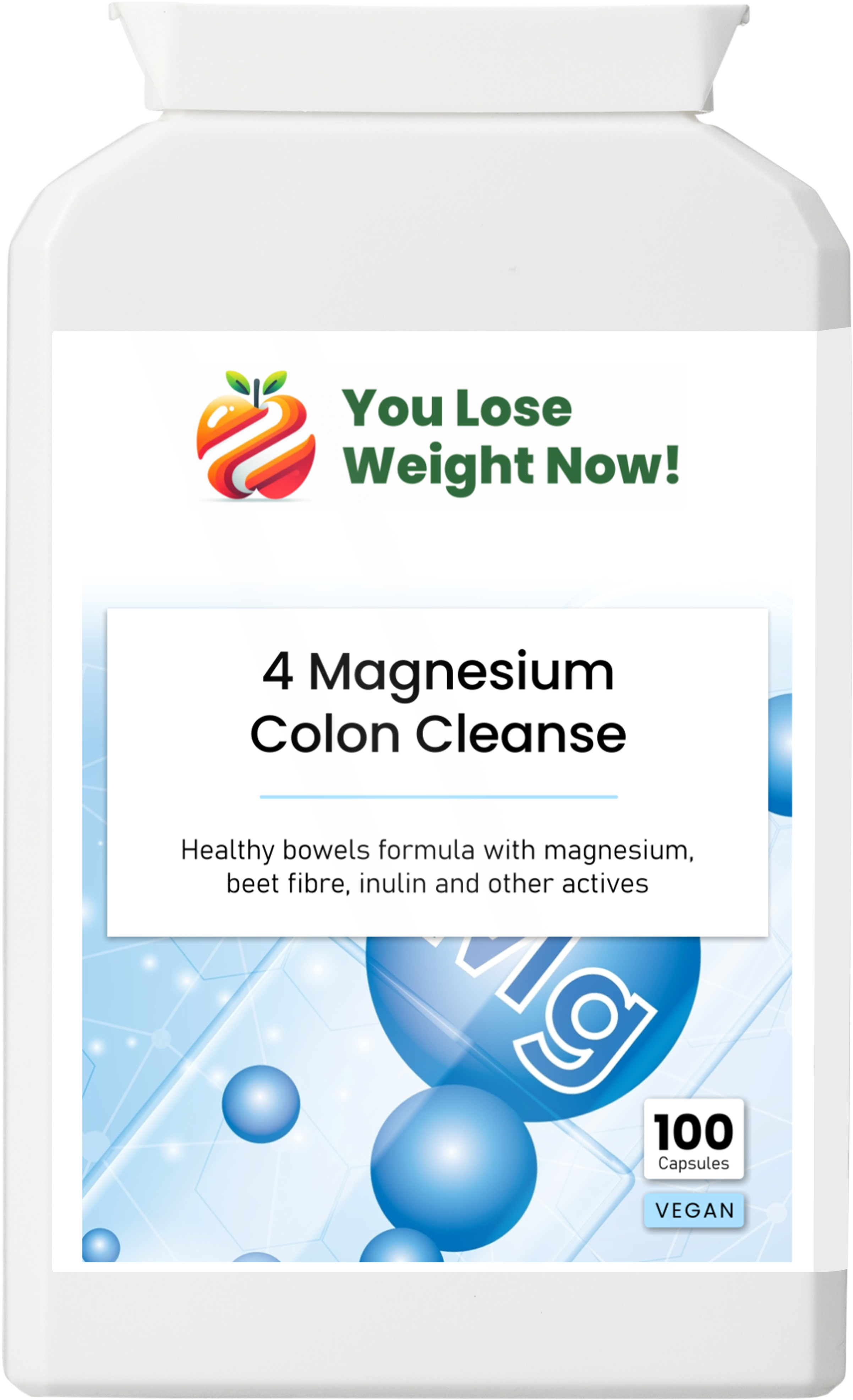 YouLoseWeightNow! 4 Magnesium Colon Cleanse — front label render of the tiny flat wide-lidded supplement pot showing product name, healthy bowels formula description, 100 vegan capsules, on a clean white background.