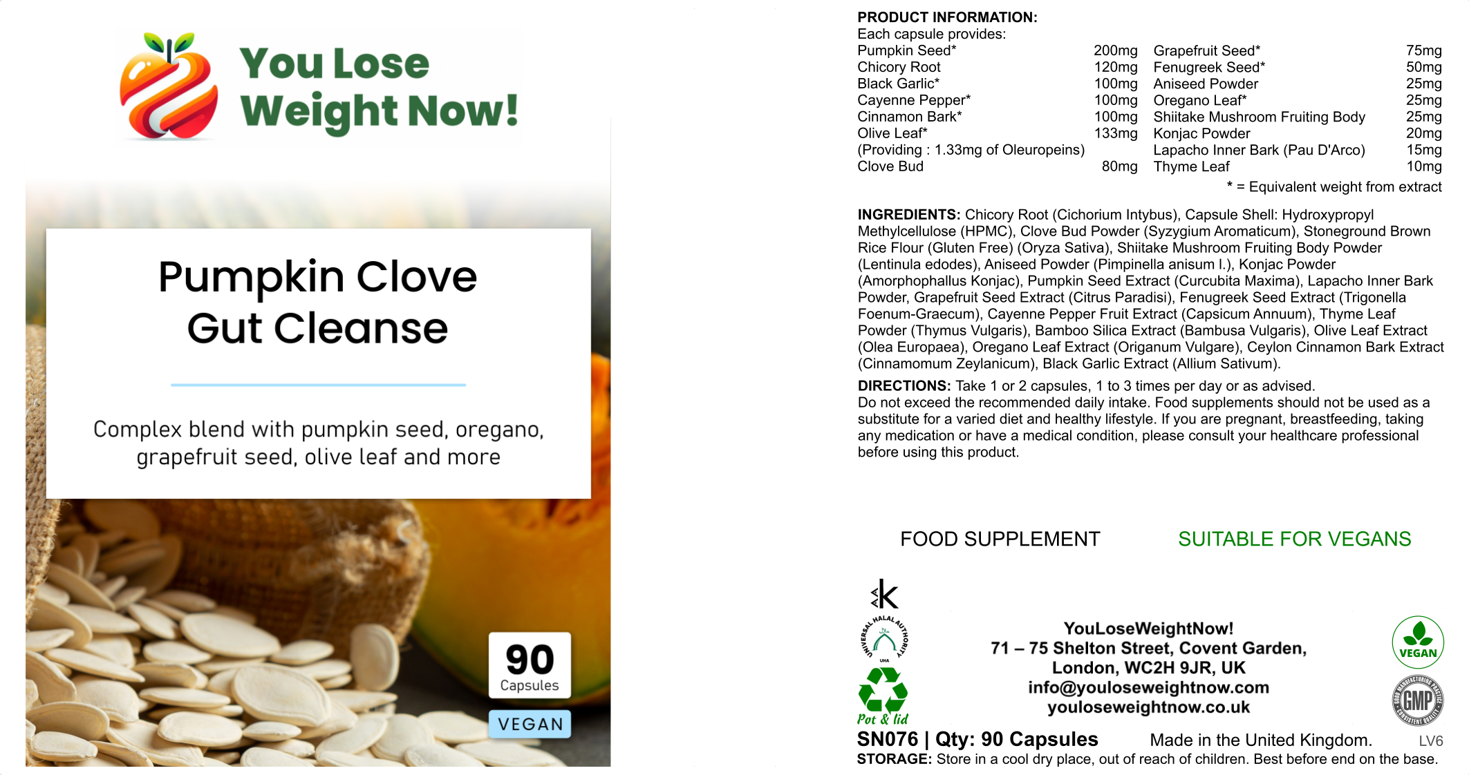 YouLoseWeightNow! Pumpkin Clove Gut Cleanse — three-panel flat pot render showing front, side and back label. Clean white background.