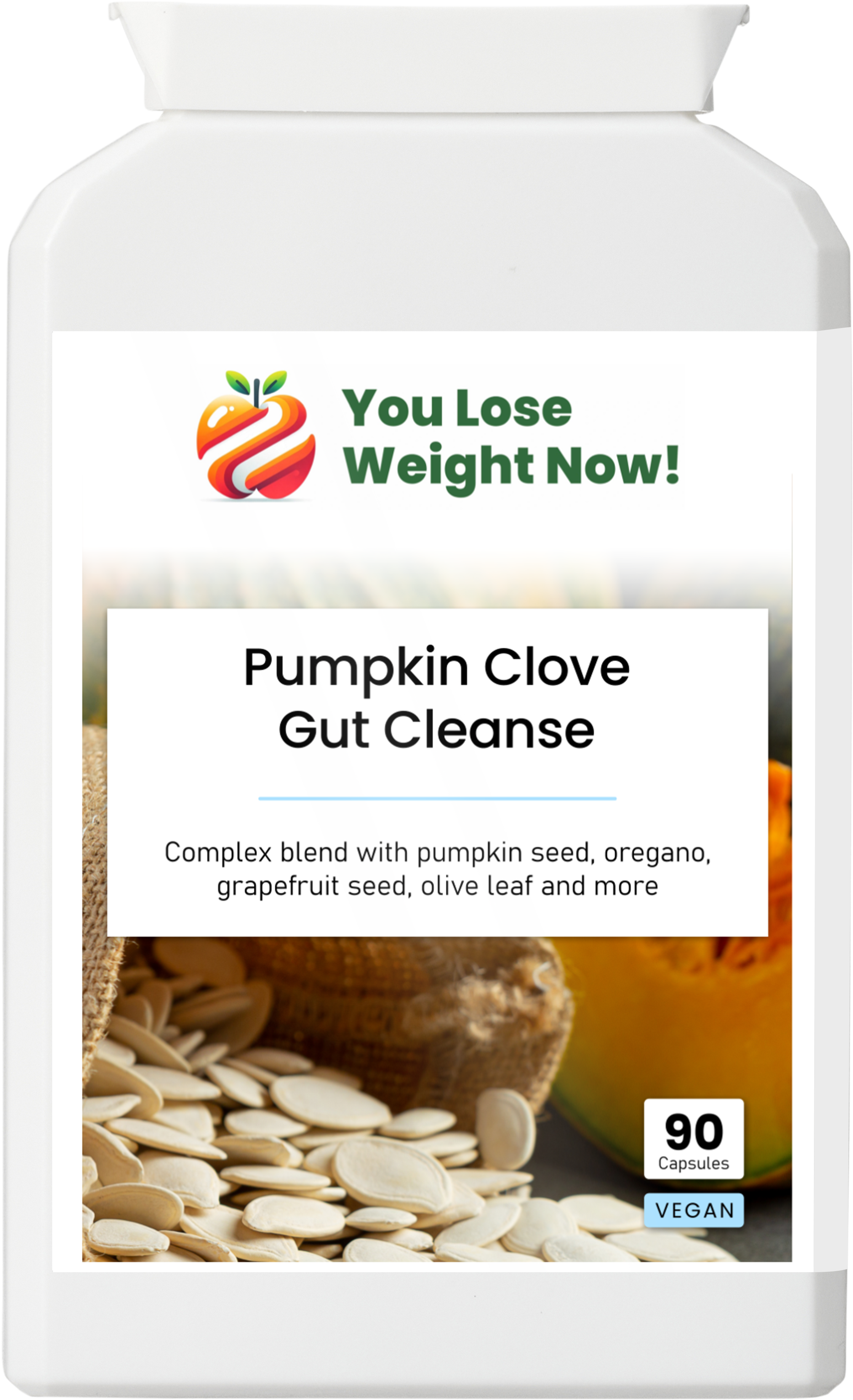 YouLoseWeightNow! Pumpkin Clove Gut Cleanse — front label render of the flat supplement pot. Clean white background.