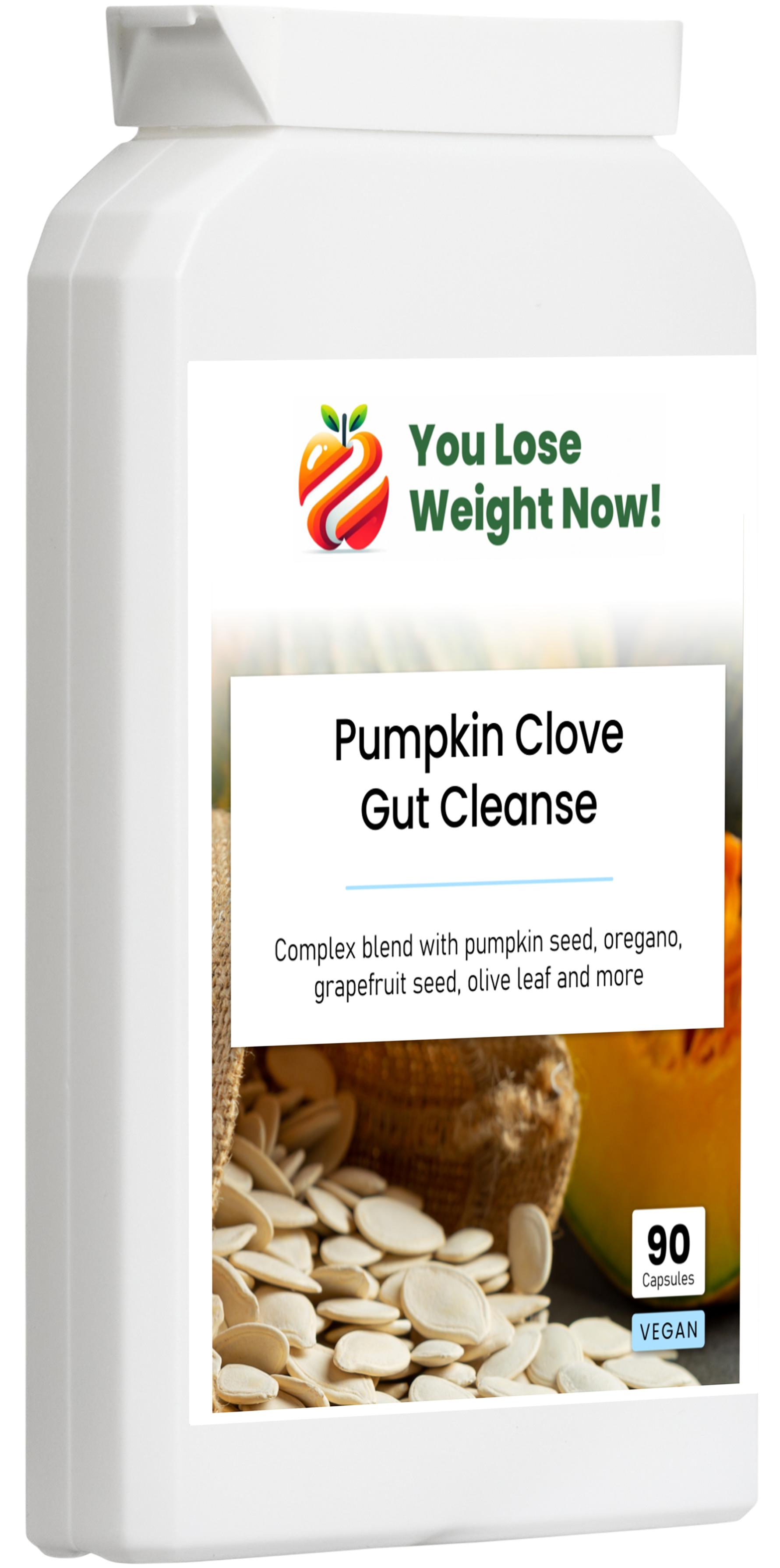 YouLoseWeightNow! Pumpkin Clove Gut Cleanse — side angle render of the flat supplement pot, right side view. Clean white background.