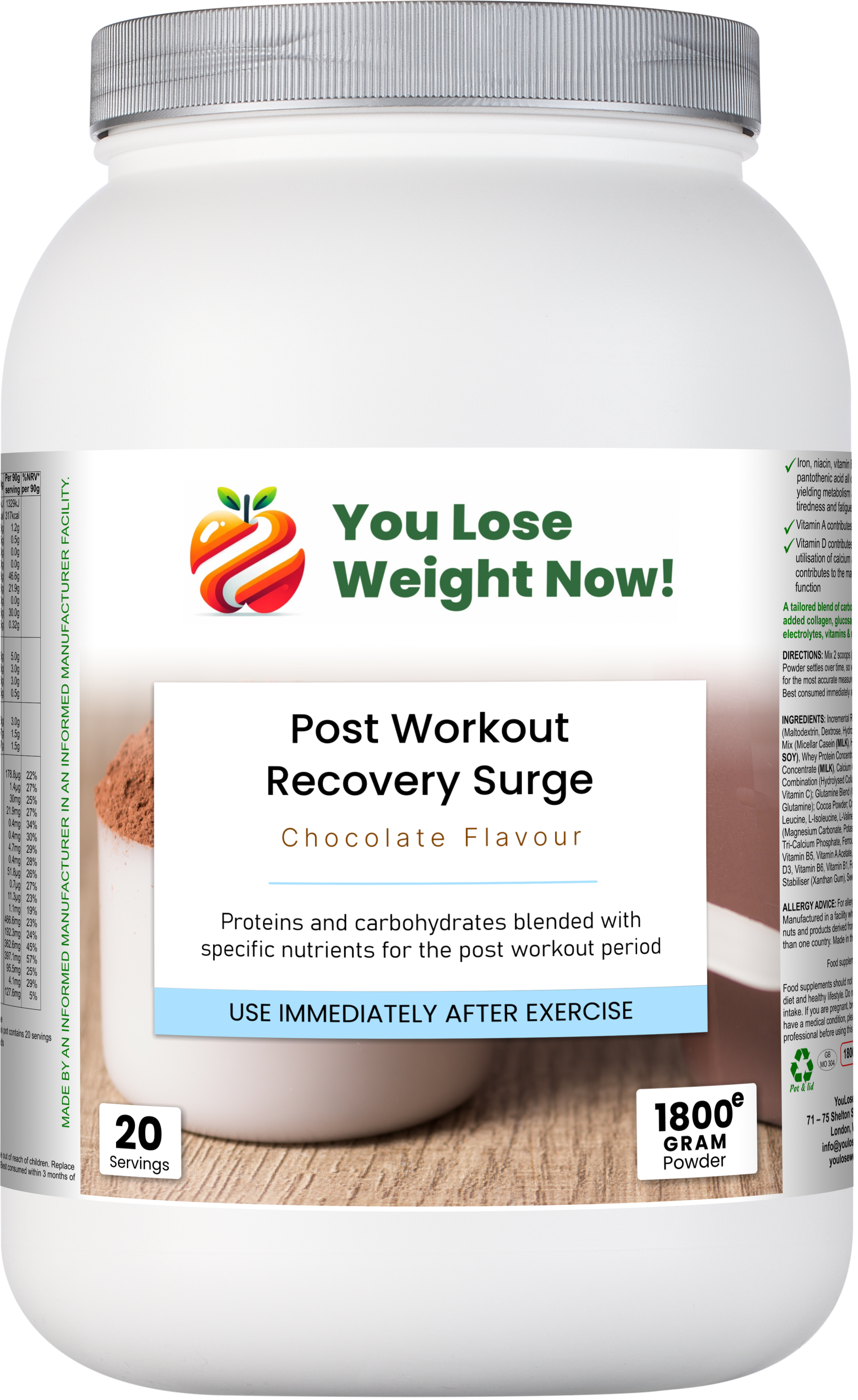  Post Workout Recovery Surge by YouLoseWeightNow! — front render of the large round 4000ml silver-lidded supplement pot — chocolate flavour — 1800g powder — 20 servings — GMP Certified — Informed Manufacturer Facility.