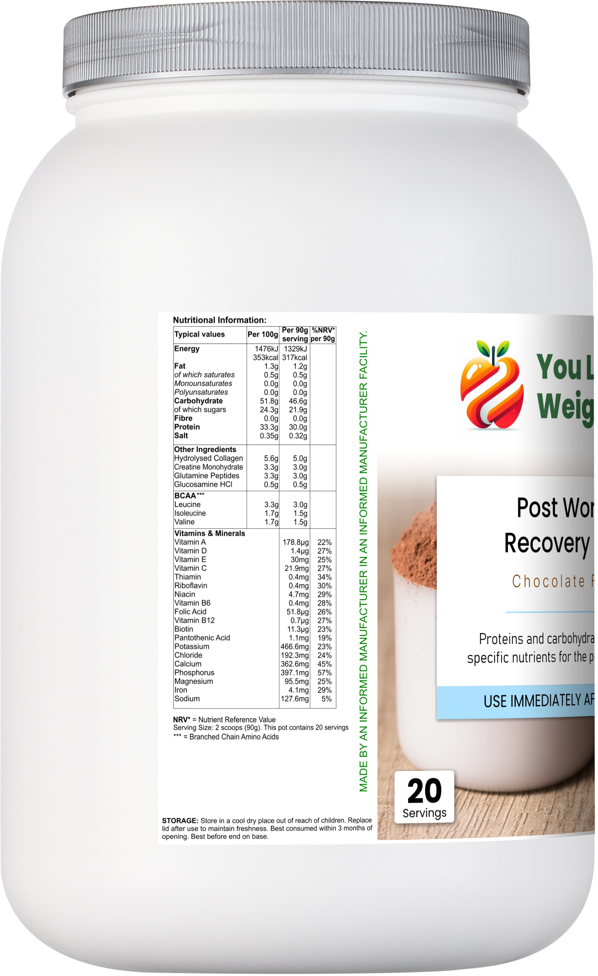 Post Workout Recovery Surge by YouLoseWeightNow! — side render of the large round 4000ml silver-lidded supplement pot, right side view — chocolate flavour — 1800g powder.