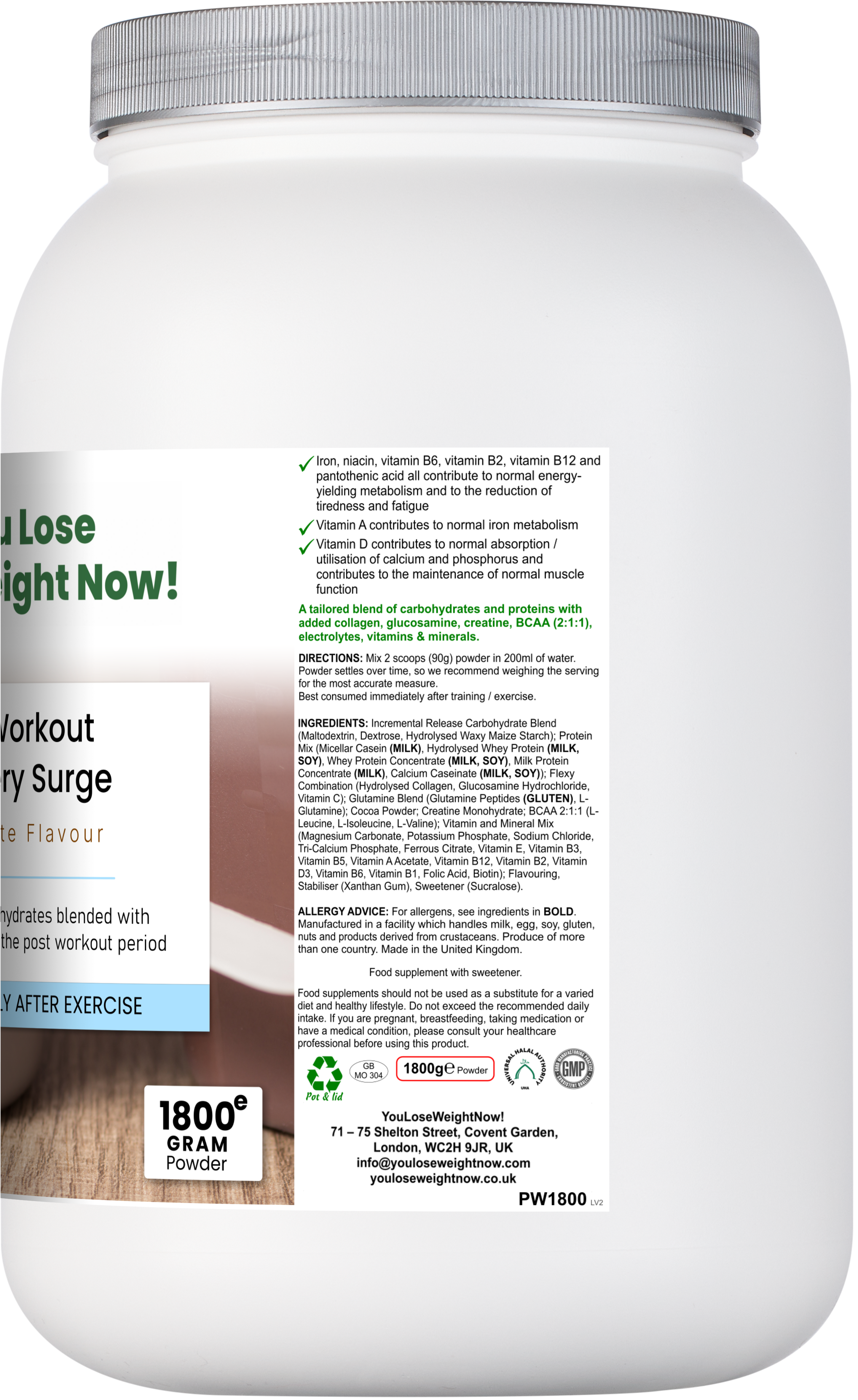 Post Workout Recovery Surge by YouLoseWeightNow! — side render of the large round 4000ml silver-lidded supplement pot, left side view — chocolate flavour — 1800g powder.