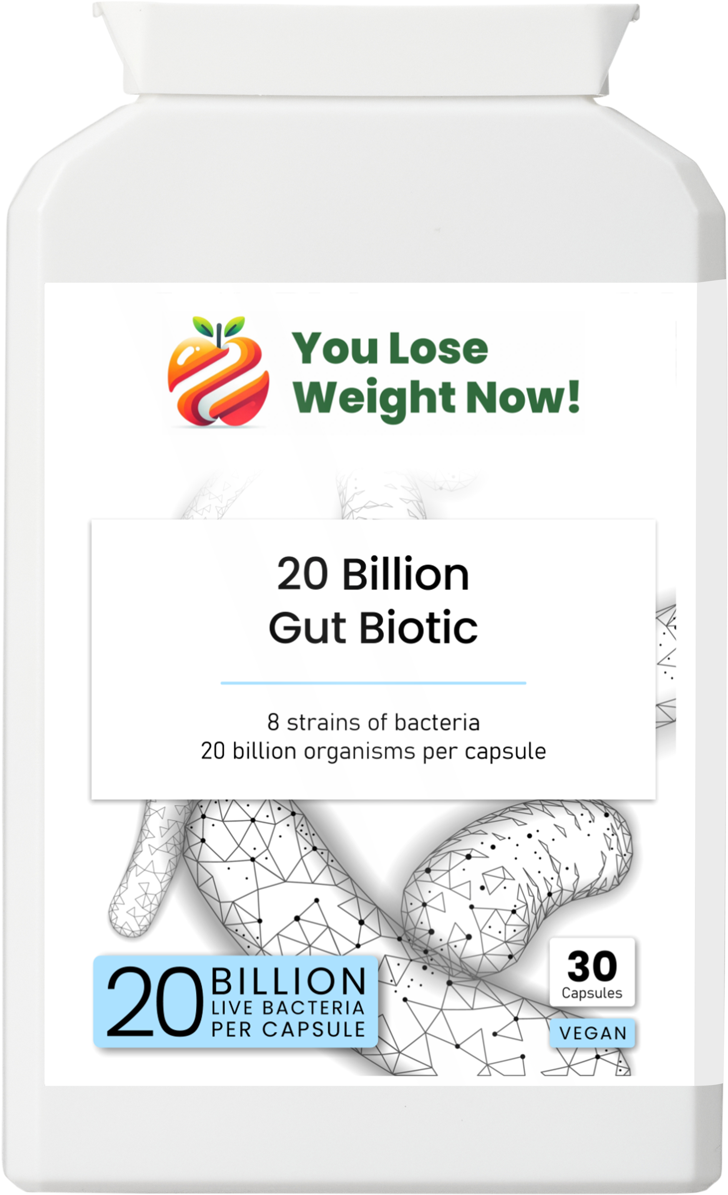 20 Billion Gut Biotic — front view of the tiny flat wide-lidded supplement pot, YouLoseWeightNow! 20 Billion Gut Biotic label facing forward, clean white background.