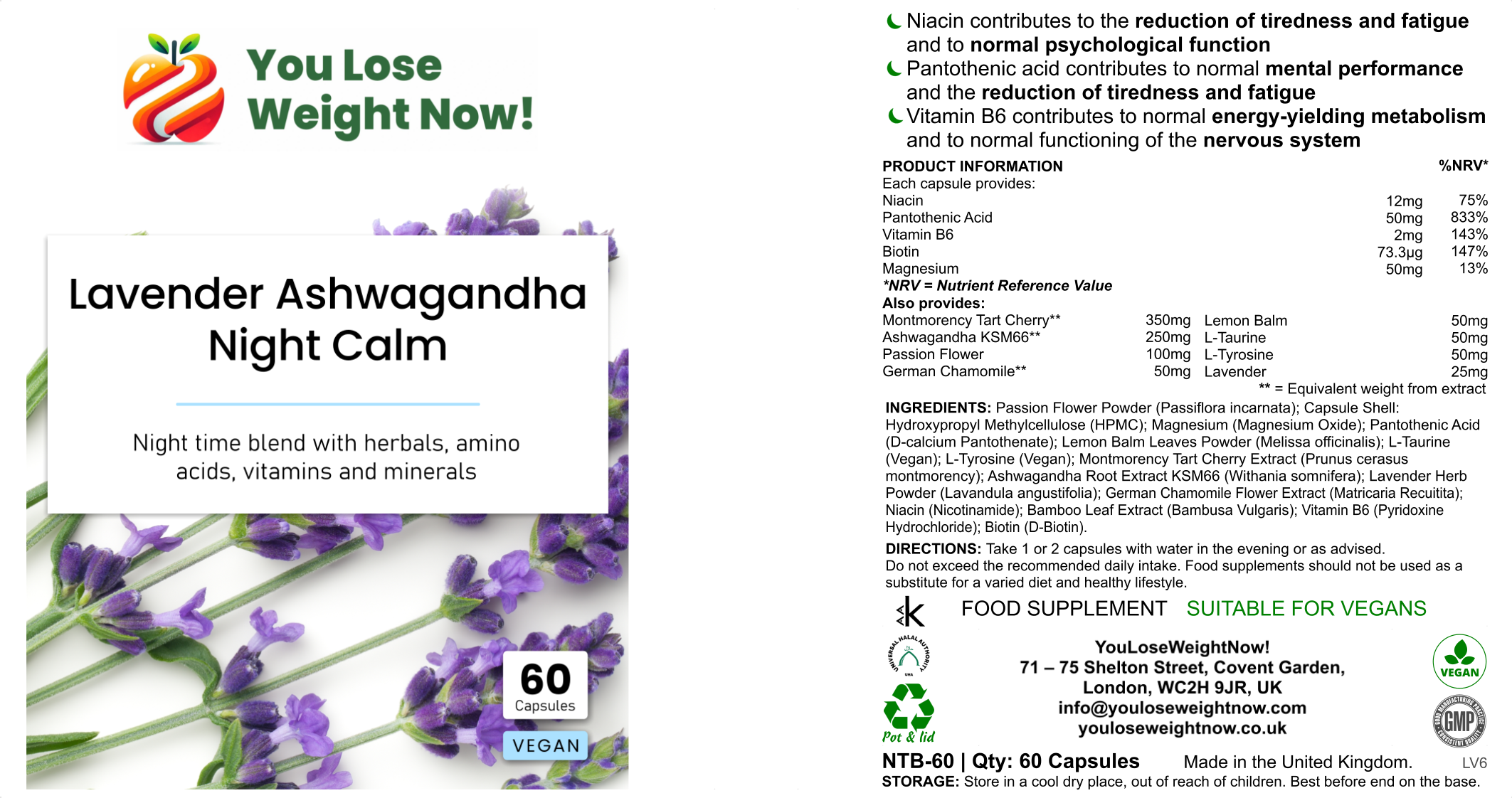 Lavender Ashwagandha Night Calm by YouLoseWeightNow! — hero product shot showing front, back and side of the flat postal pot with full label detail visible
