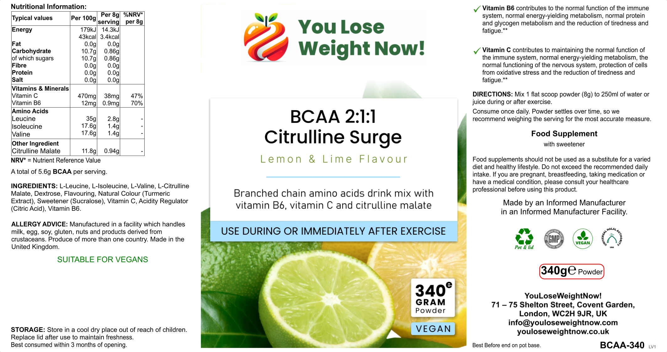 BCAA 2:1:1 Citrulline Surge by YouLoseWeightNow! — three-panel hero render showing the front, side and back of the round supplement pot with lemon and lime flavour label.