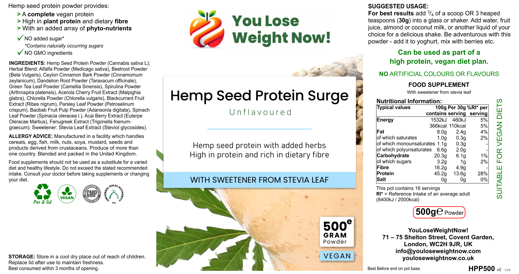 YouLoseWeightNow! Hemp Seed Protein Herbal Surge 500g tub, top and reverse view
