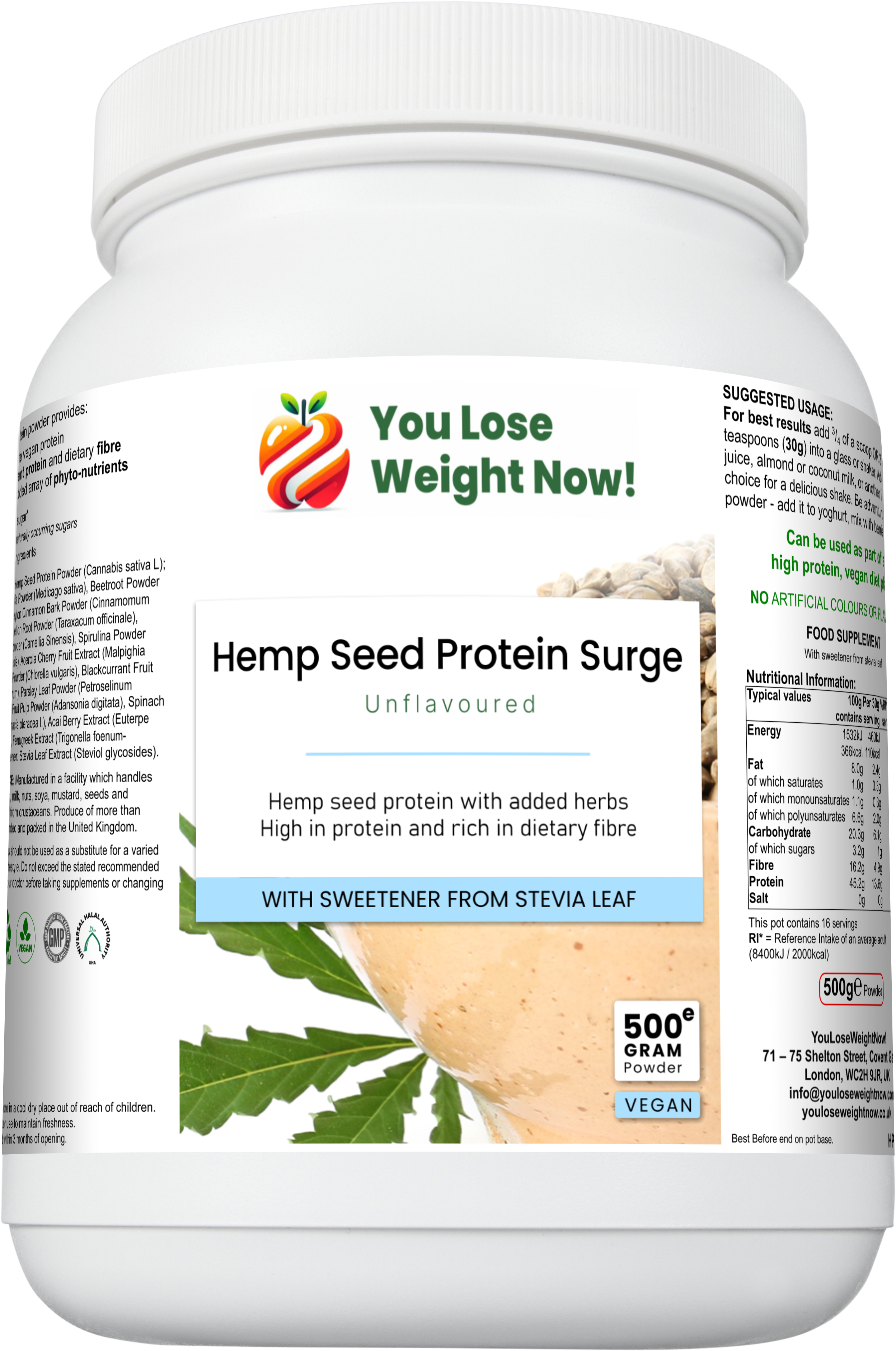YouLoseWeightNow! Hemp Seed Protein Herbal Surge 500g tub, front angle view showing label and key product details

