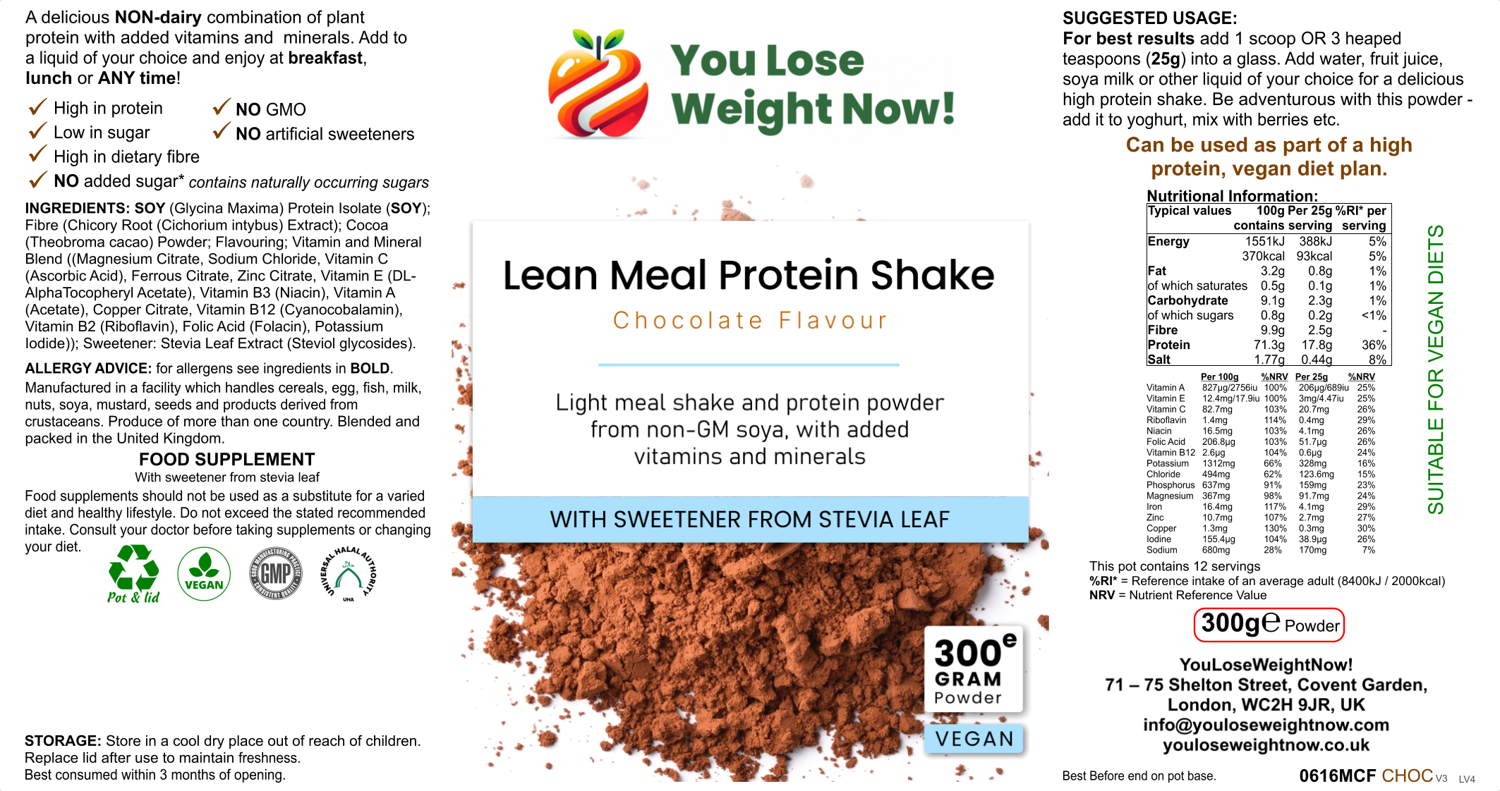Front-facing hero render of YouLoseWeightNow! Lean Meal Protein Shake in chocolate flavour — a short squat wide round supplement pot with a flat lid, label clearly visible, clean white background.