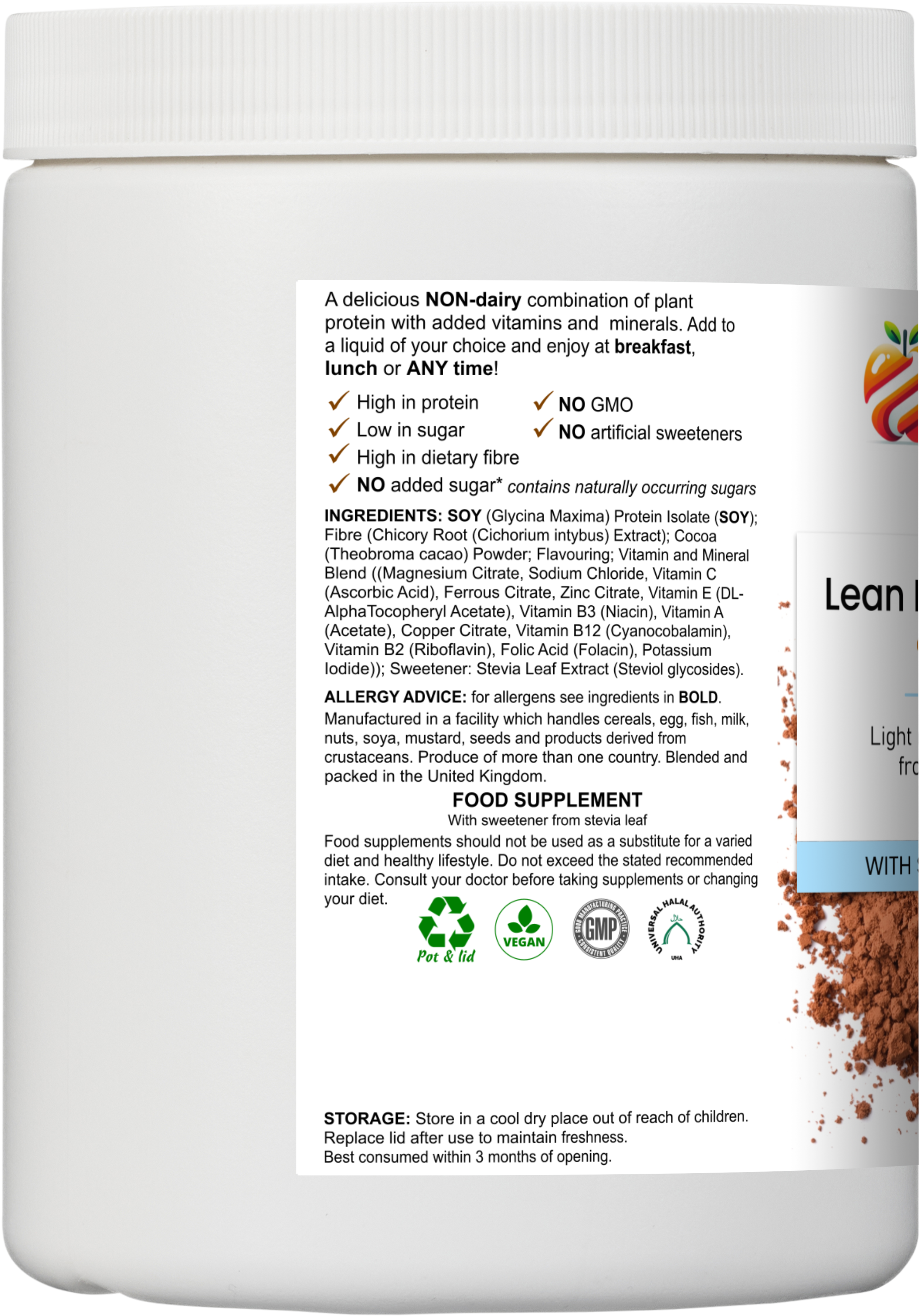 Right side angle render of the YouLoseWeightNow! Lean Meal Protein Shake round pot — a short squat wide round supplement pot with a flat lid, clean white background, label partially visible.