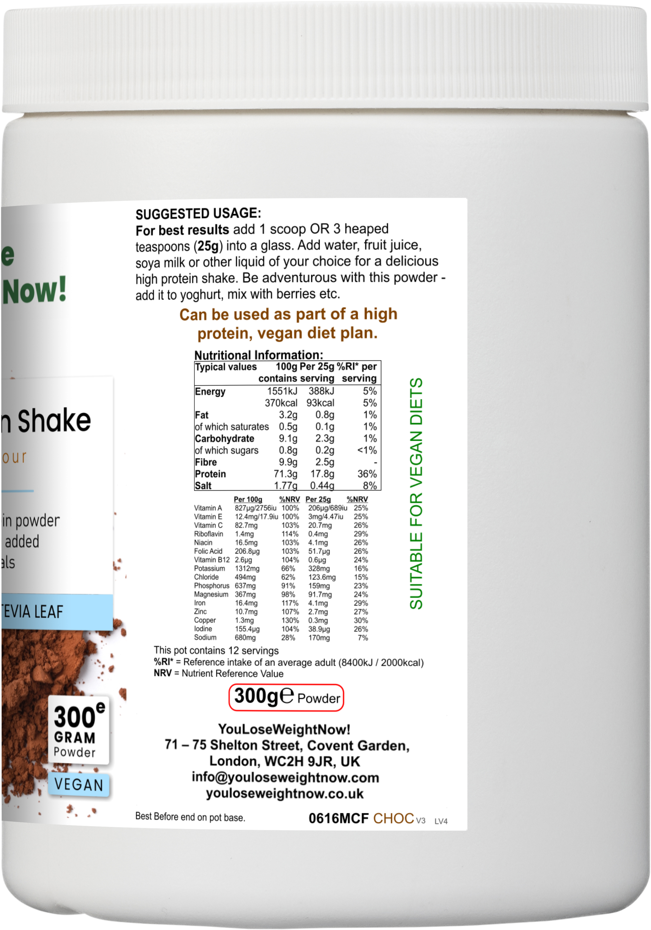 Left side angle render of the YouLoseWeightNow! Lean Meal Protein Shake round pot — a short squat wide round supplement pot with a flat lid, clean white background, label partially visible.