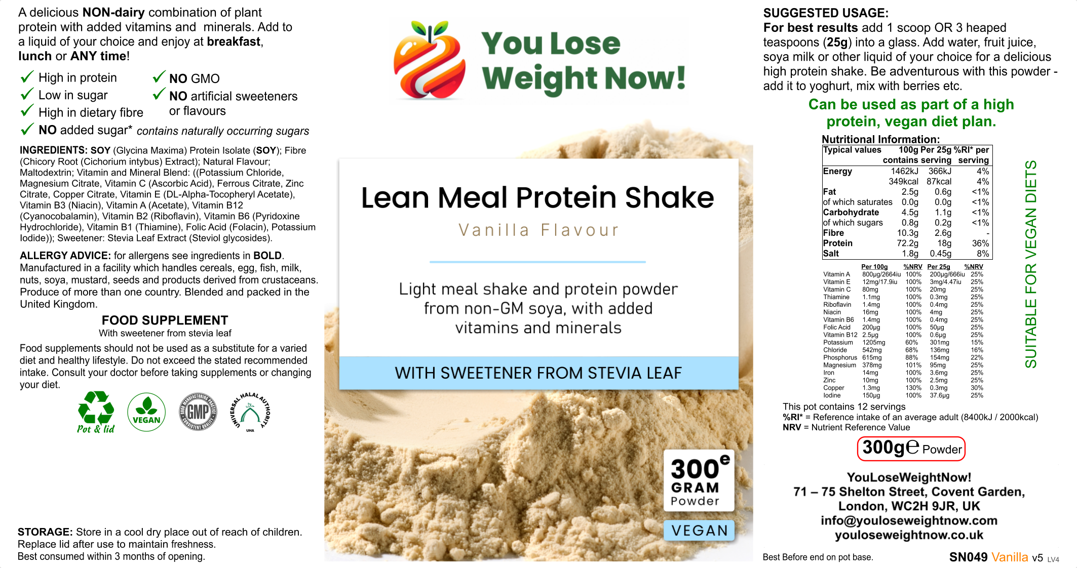 Front-facing hero render of YouLoseWeightNow! Lean Meal Protein Shake in vanilla flavour — a short squat wide round supplement pot with a flat lid, label clearly visible, clean white background.