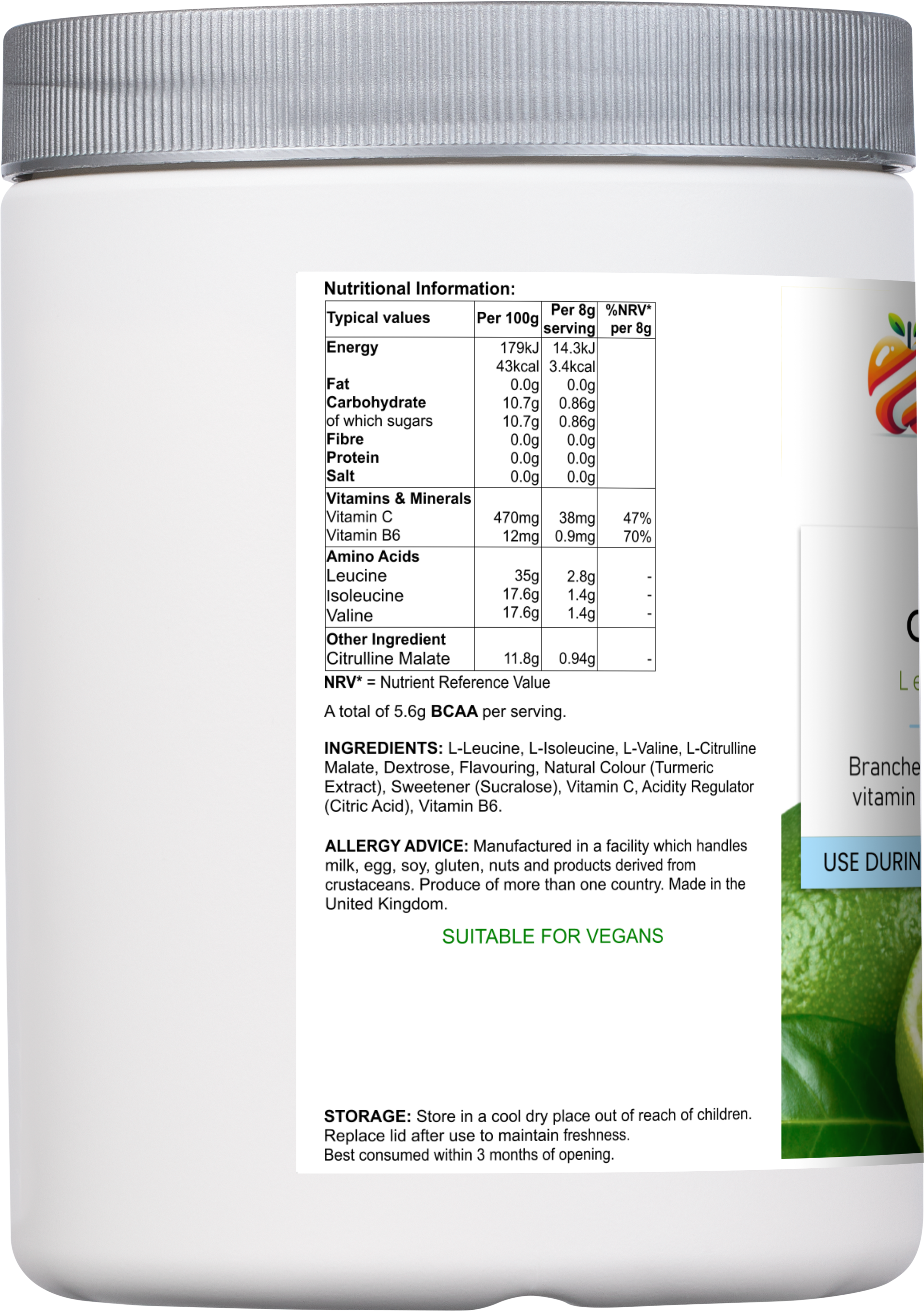 Side render of the BCAA 2:1:1 Citrulline Surge round supplement pot by YouLoseWeightNow!, right side view, showing the supplement facts panel on a clean white background.