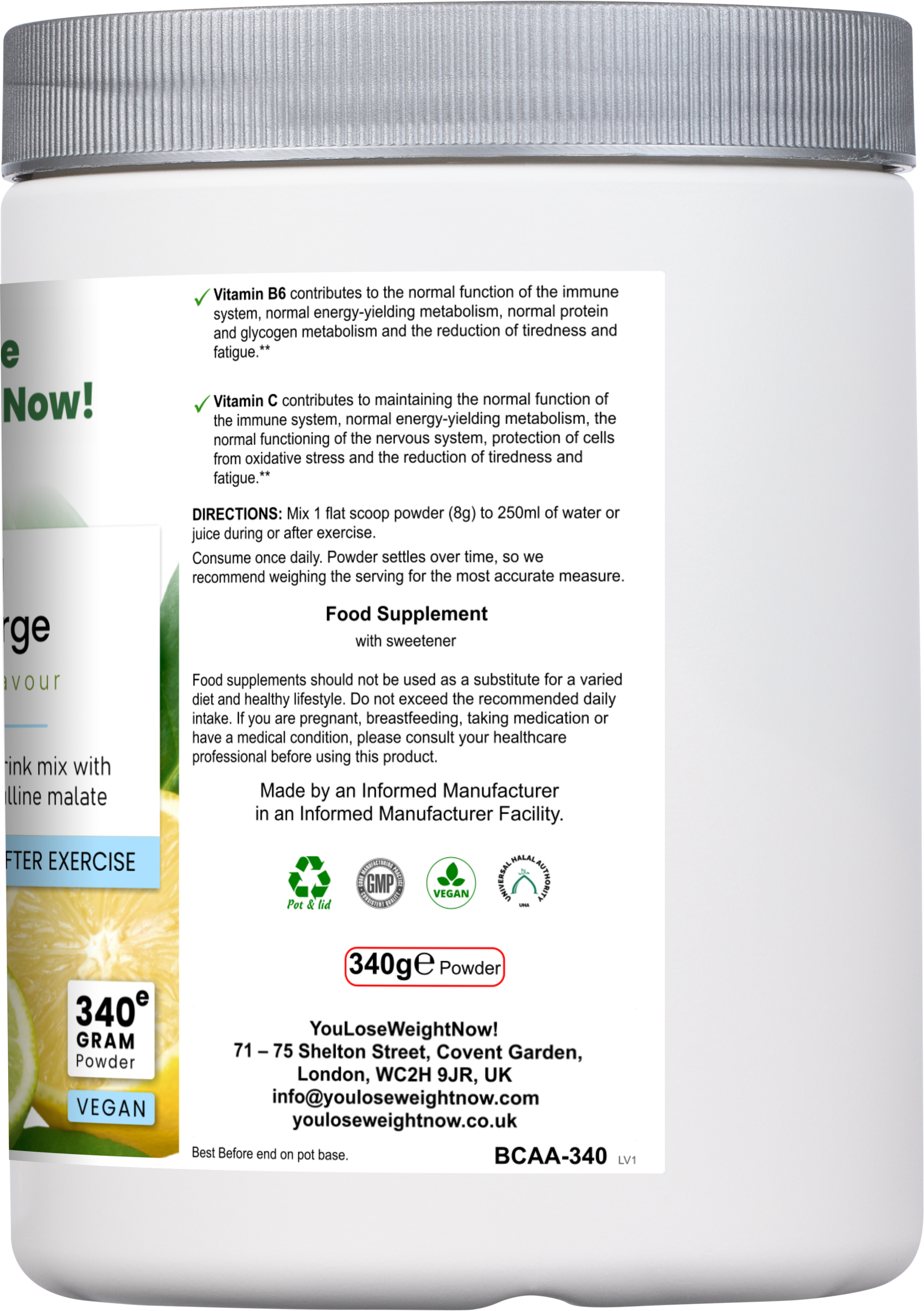 Side render of the BCAA 2:1:1 Citrulline Surge round supplement pot by YouLoseWeightNow!, left side view, showing ingredient and usage information on a clean white background.