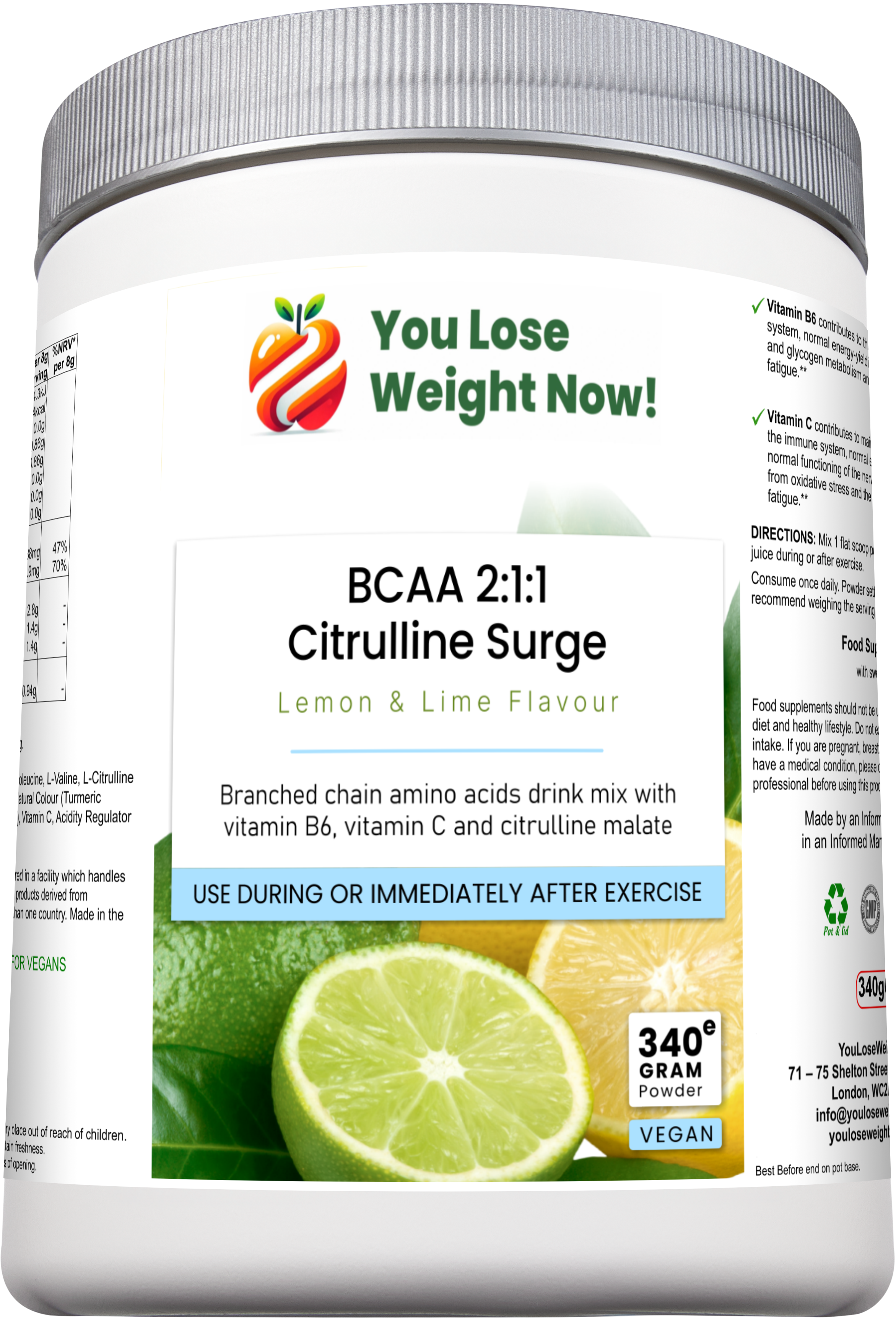Front render of the BCAA 2:1:1 Citrulline Surge round supplement pot by YouLoseWeightNow!, lemon and lime flavour, clean white background — second product render view.