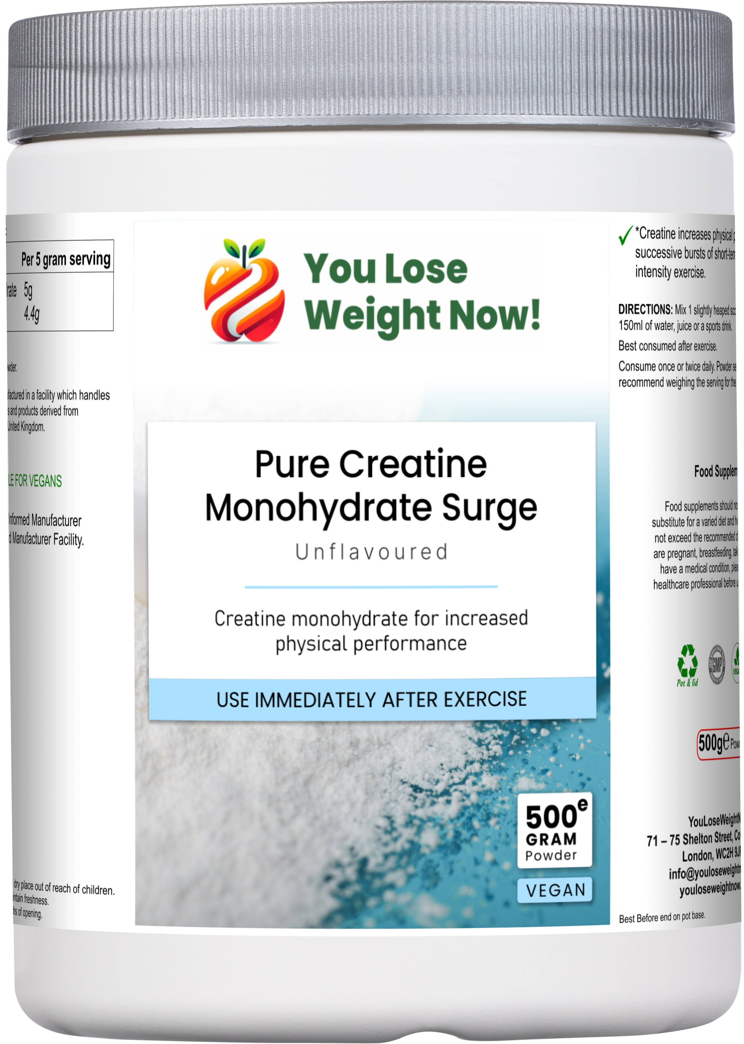 Front render of the Pure Creatine Monohydrate Surge 500g round pot by YouLoseWeightNow! with silver lid on a clean white background, showing the product label clearly.