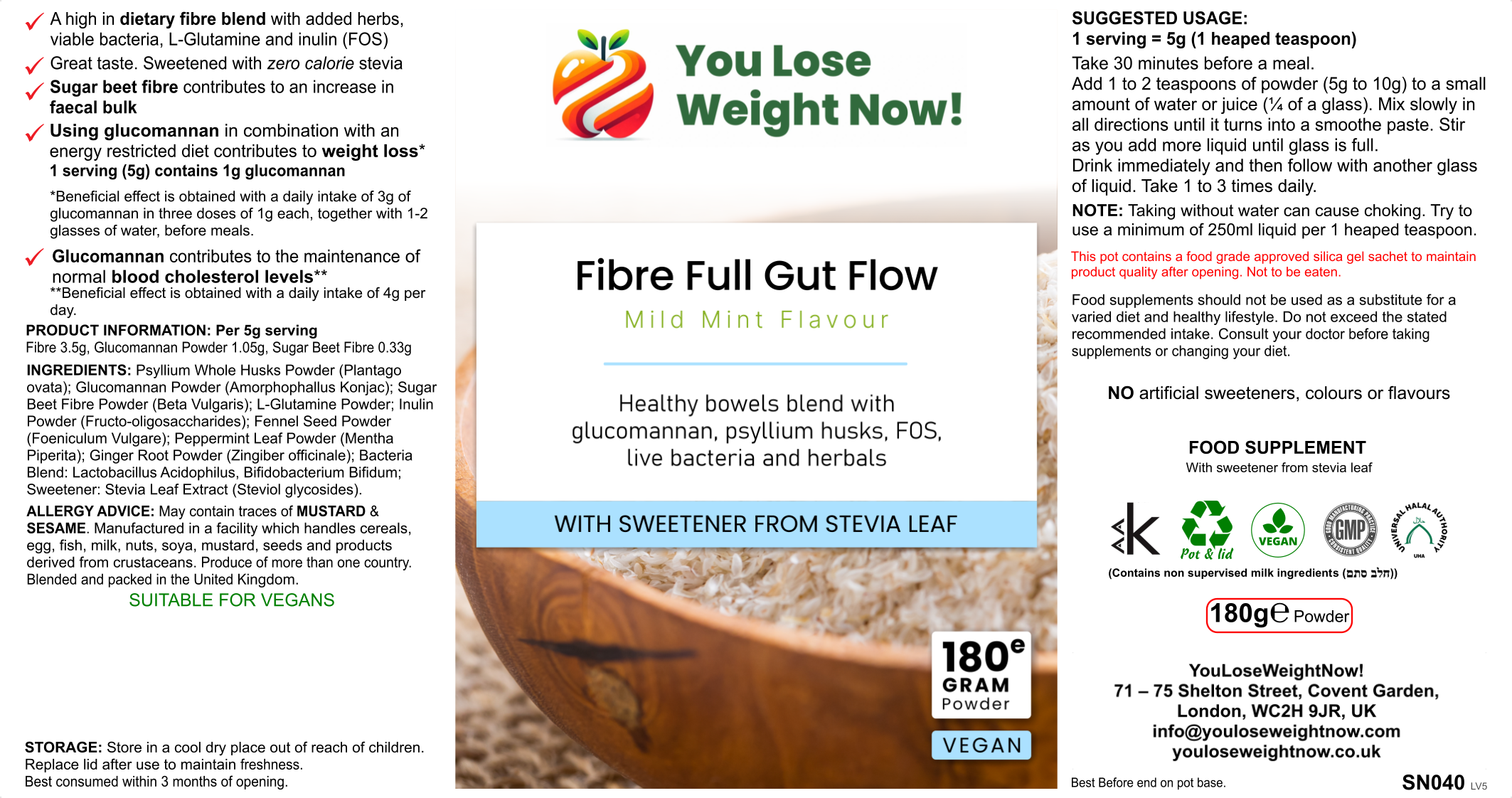 Fibre Full Gut Flow 180g powder round pot — three-quarter view showing YouLoseWeightNow! branding, Mild Mint Flavour label, and Vegan certification. Made in the UK.