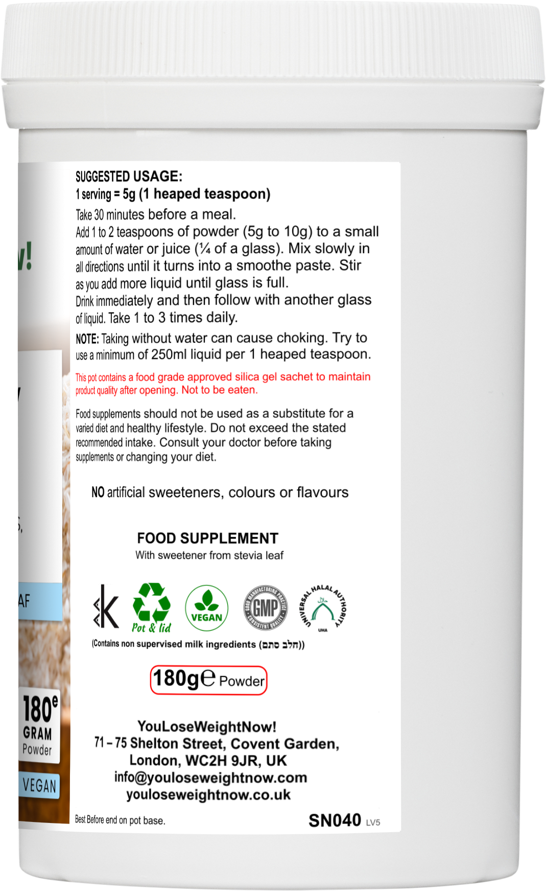 Fibre Full Gut Flow 180g powder round pot — left side view showing ingredients list, allergen advice and EFSA claims. YouLoseWeightNow!