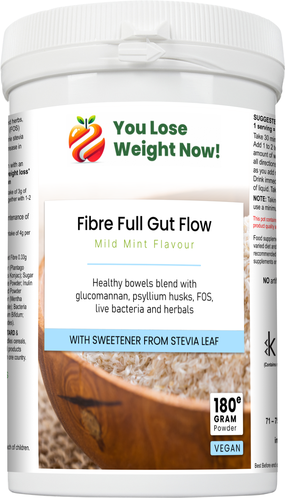 Fibre Full Gut Flow 180g powder round pot — top view showing Kosher, Vegan, GMP and Halal certification logos. YouLoseWeightNow!