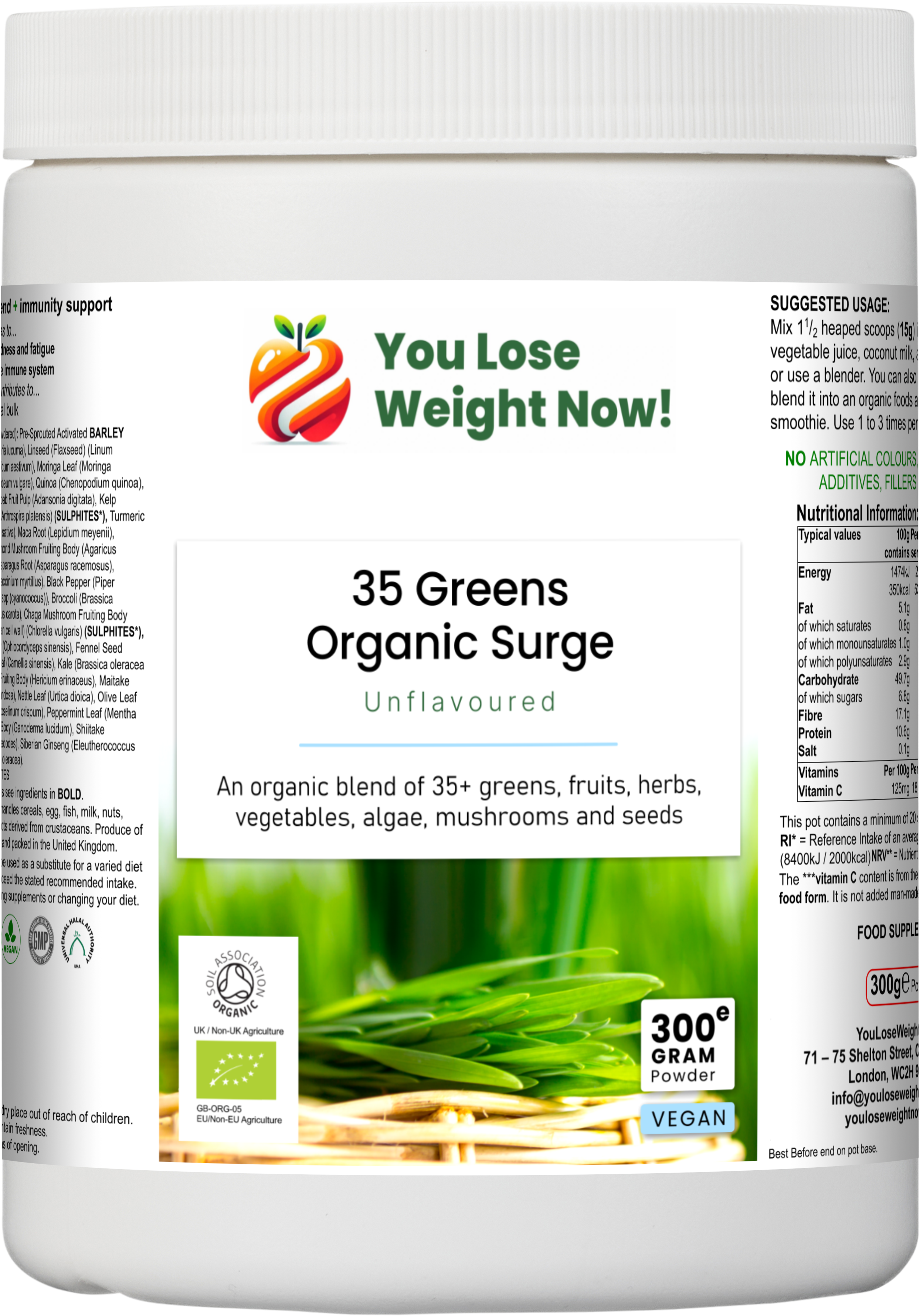 35 Greens Organic Surge 300g organic greens powder tub — 35+ certified organic superfoods, vegan, UK-made