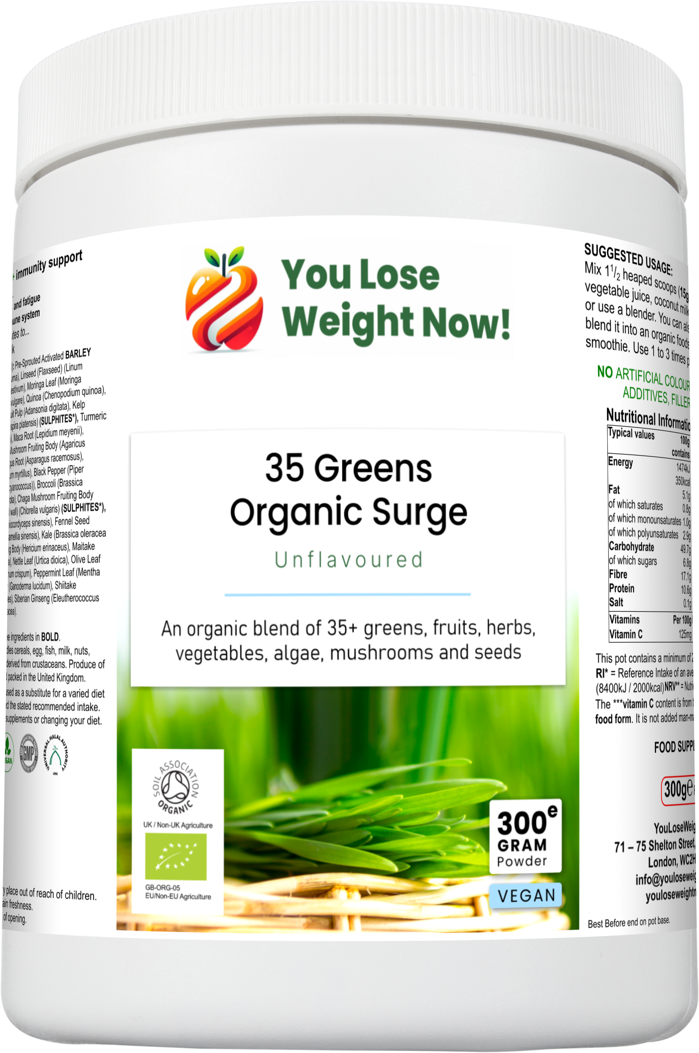 35 Greens Organic Surge top view — organic greens powder with 35+ superfoods, Kosher, Halal, vegan