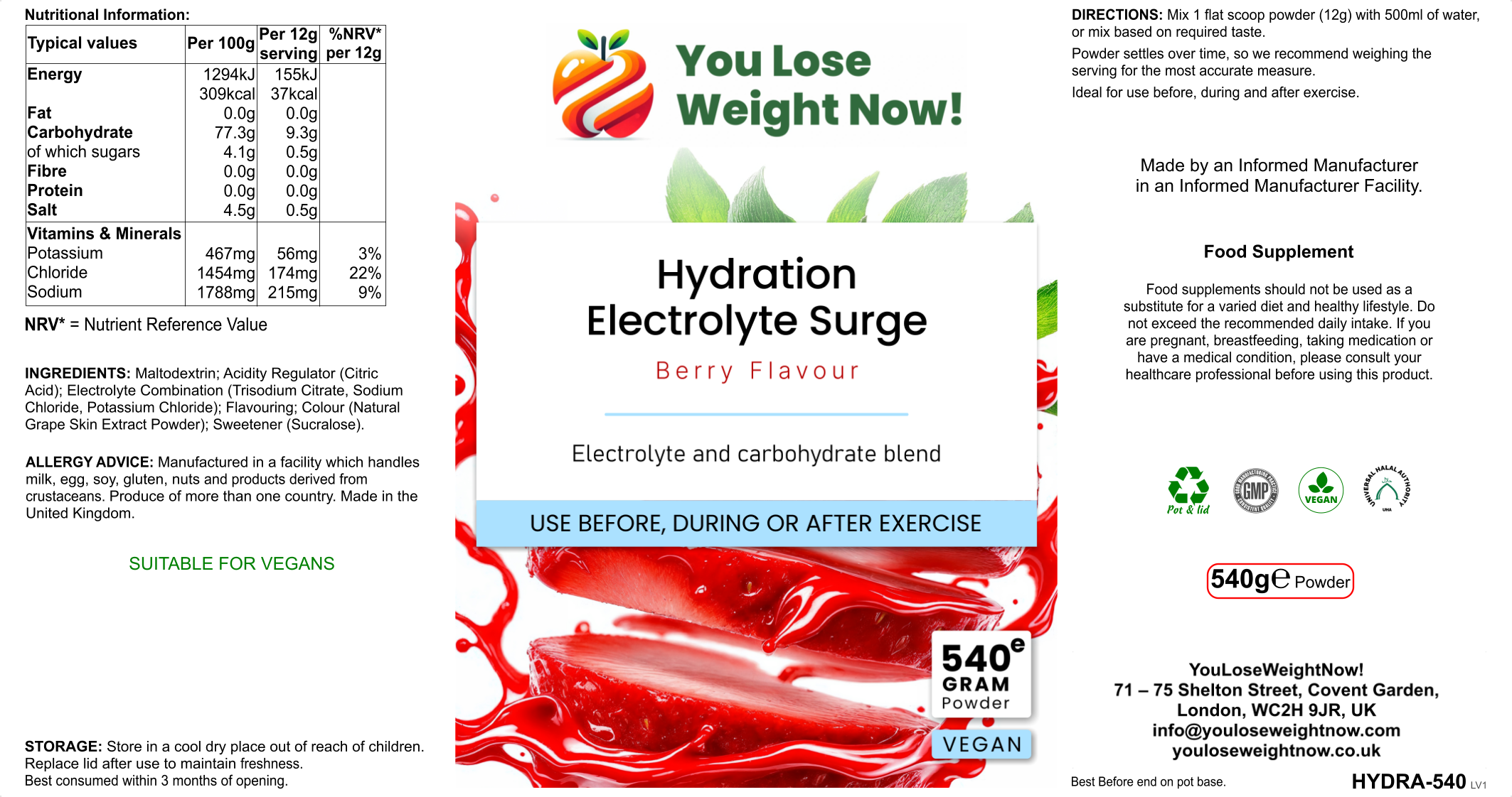 Hydration Electrolyte Surge — 540g berry flavour electrolyte and carbohydrate drink mix shown in a three-panel hero render of a short squat wide round supplement pot with a flat silver lid — wide and disc-shaped like a large face cream jar — displaying front, side and back label. HYDRA-540, 45 servings, Vegan, Halal and GMP certified. YouLoseWeightNow! branding clearly visible.