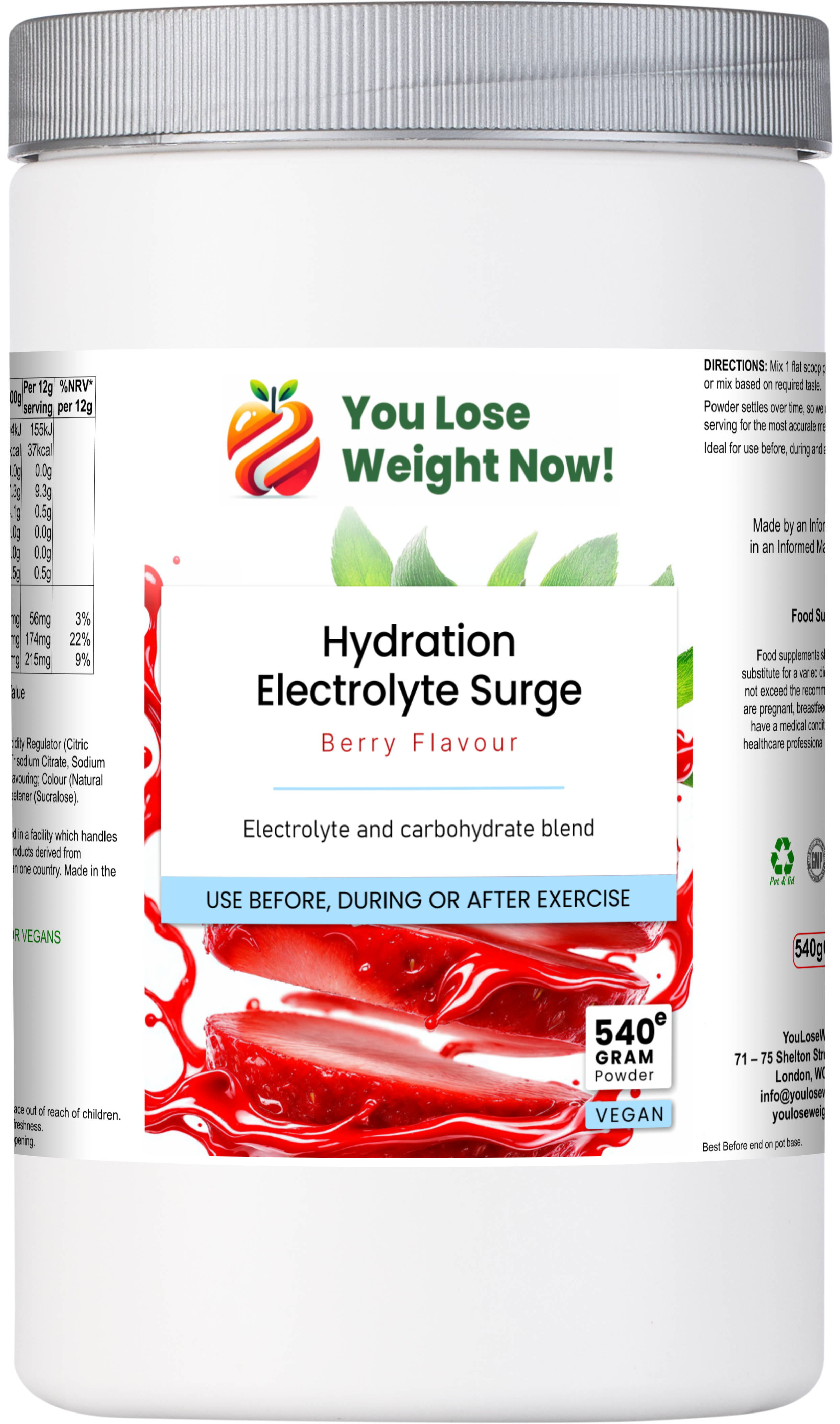 Hydration Electrolyte Surge — front render of a short squat wide round supplement pot with a flat silver lid — wide and disc-shaped like a large face cream jar — showing the full front label. HYDRA-540, berry flavour, 540g, 45 servings, Vegan, Halal and GMP certified. YouLoseWeightNow! branding clearly visible.