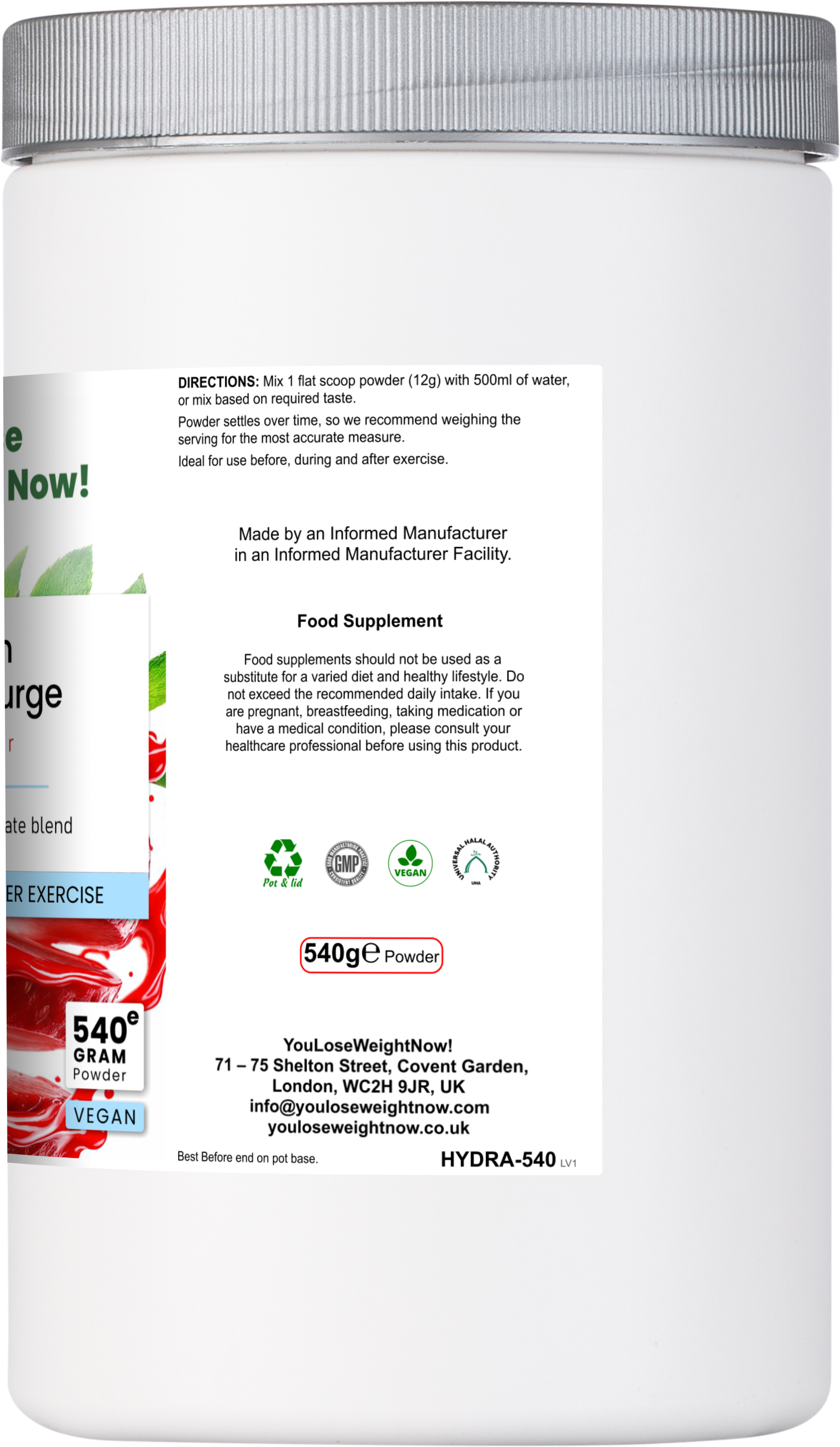 Hydration Electrolyte Surge — left side angle render of a short squat wide round supplement pot with a flat silver lid — wide and disc-shaped like a large face cream jar — showing the side panel label detail. HYDRA-540, berry flavour, 540g. YouLoseWeightNow! branding clearly visible.