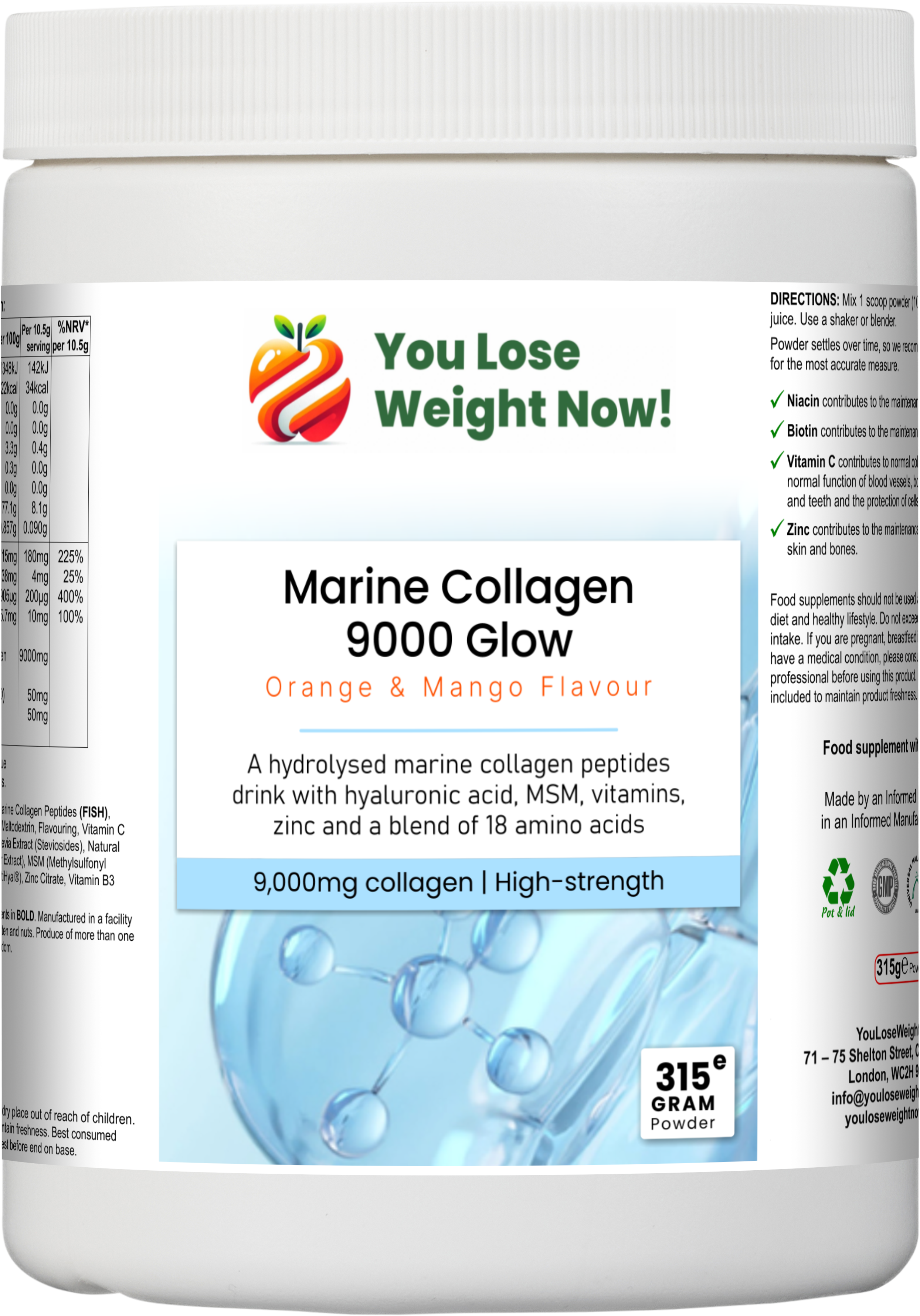 Marine Collagen 9000 Glow by YouLoseWeightNow! — front view of the round pot showing the orange and mango flavour label with 9,000mg marine collagen peptides, clean white background.