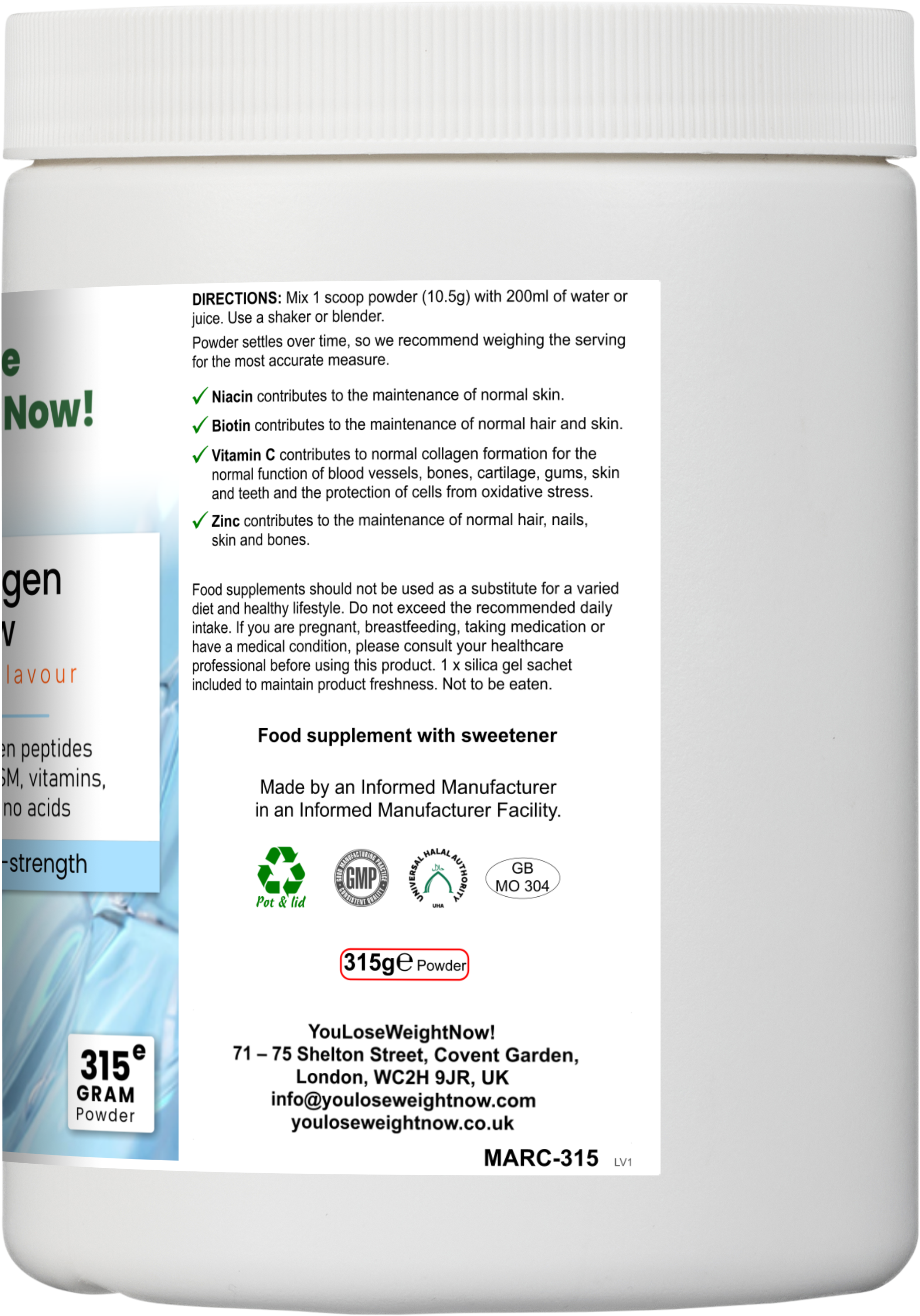 Marine Collagen 9000 Glow by YouLoseWeightNow! — left side view of the round pot showing supplement facts and full ingredient information, clean white background.