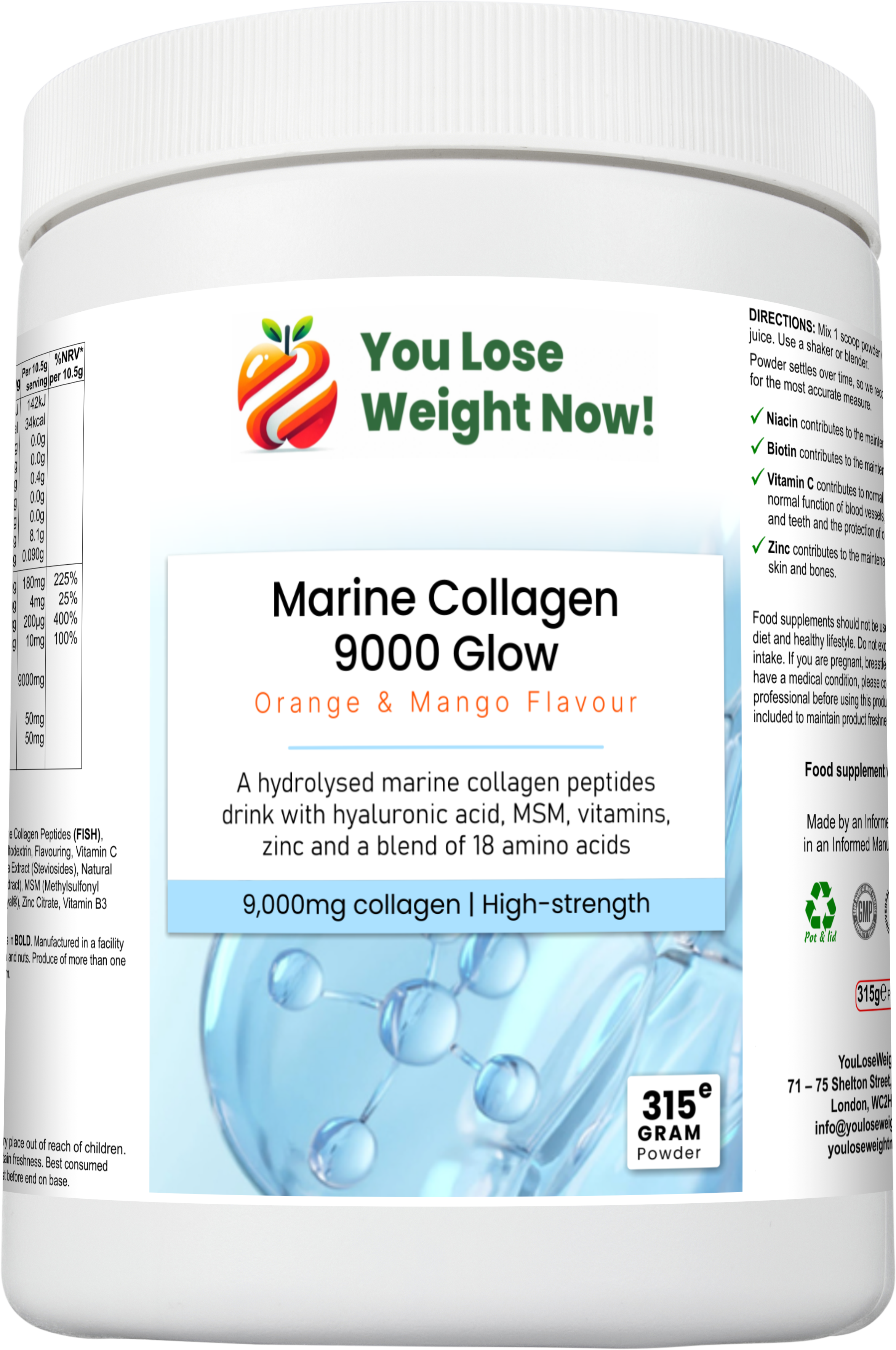 Marine Collagen 9000 Glow by YouLoseWeightNow! — top-down view of the round pot lid showing the YouLoseWeightNow! branding and product name, clean white background.