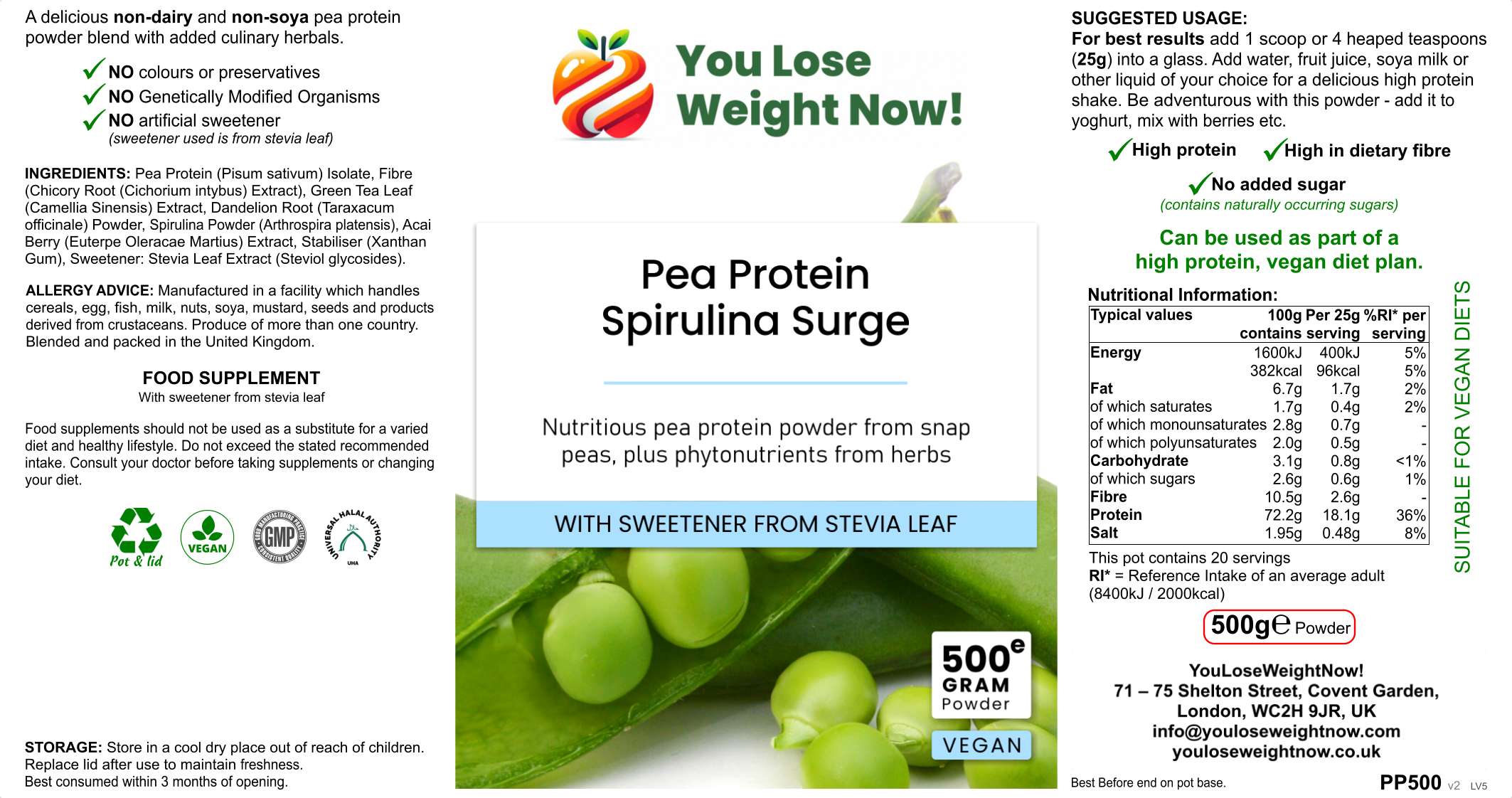 three-panel hero image showing the 1500ml white round barrel supplement pot from multiple angles, YouLoseWeightNow! Pea Protein Spirulina Surge label facing forward, clean white background.