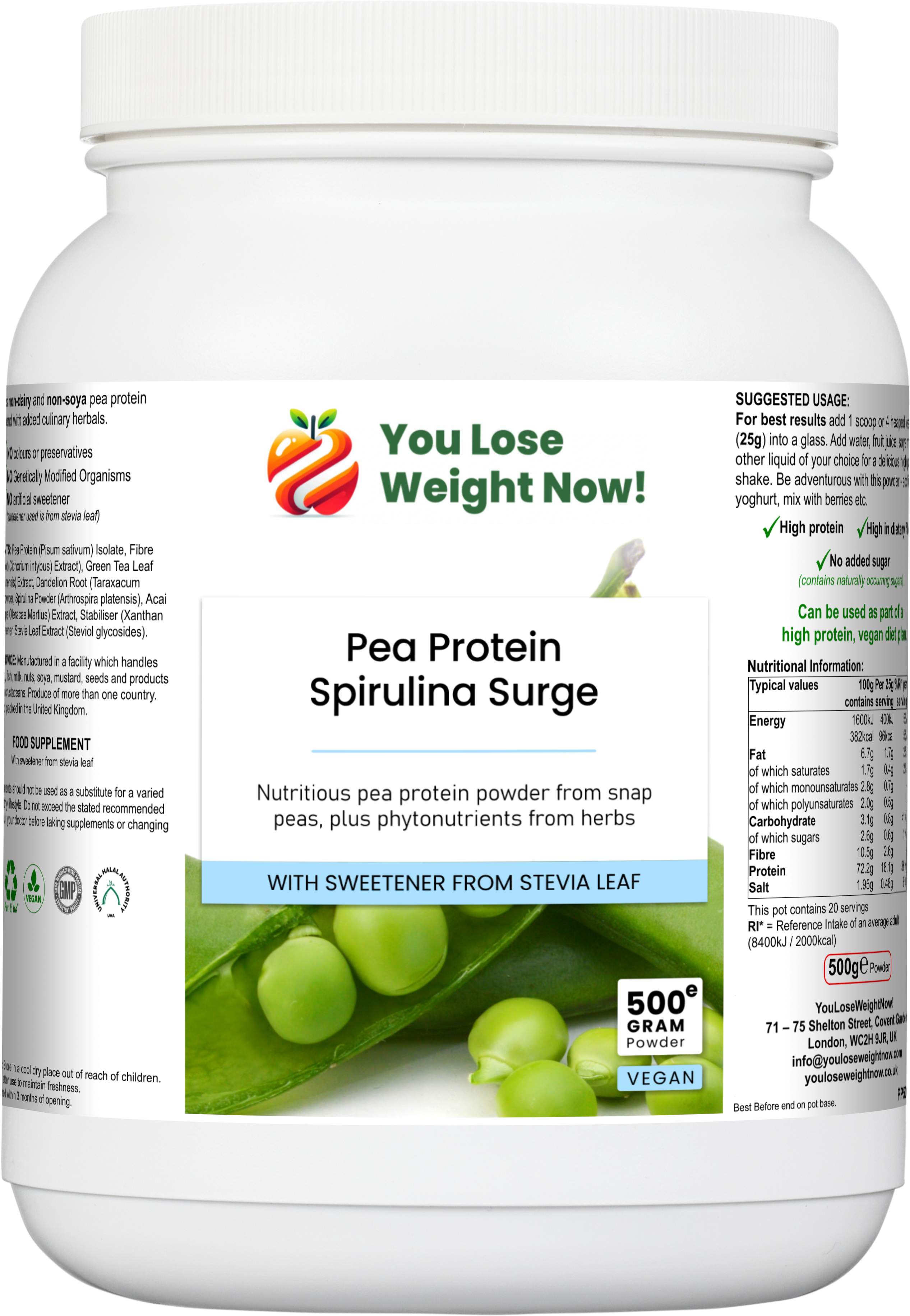 Pea Protein Spirulina Surge — front view of the 1500ml white round barrel supplement pot, YouLoseWeightNow! Pea Protein Spirulina Surge label facing forward, clean white background.
