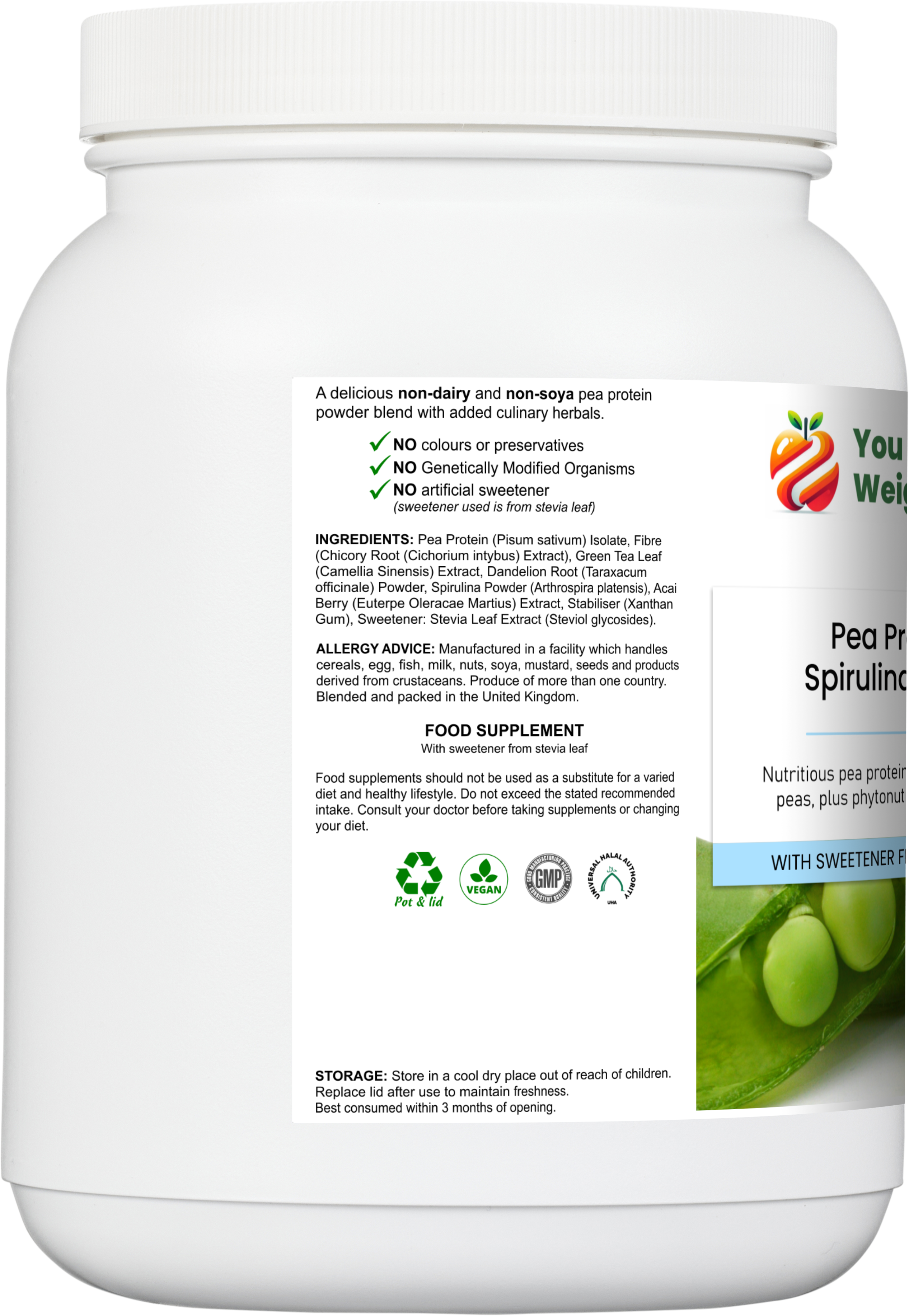 Pea Protein Spirulina Surge — right side view of the 1500ml white round barrel supplement pot, clean white background.