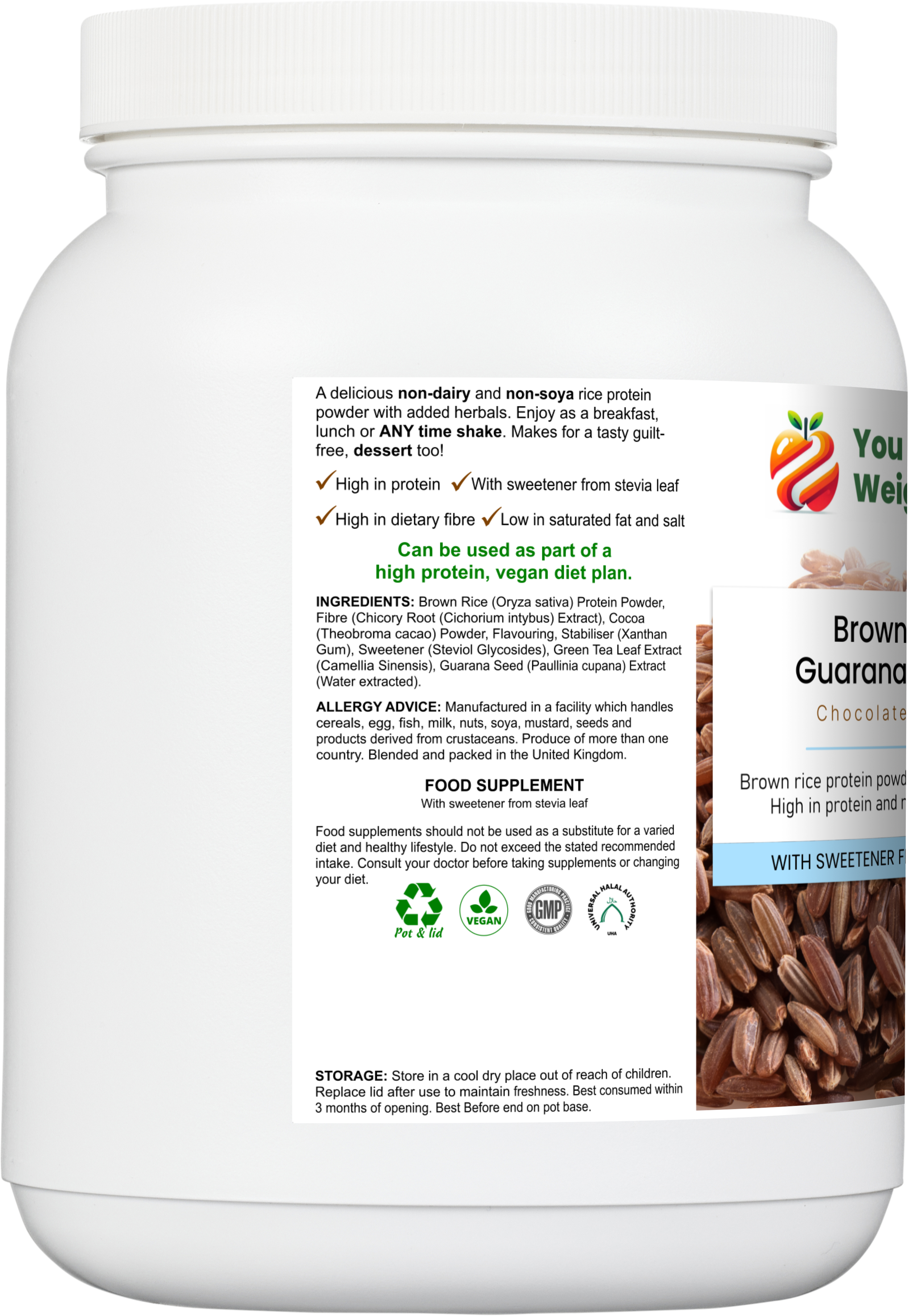 Brown Rice Guarana Protein Chocolate Flavour — 1500ml white round barrel supplement pot, side angle render, right side view, clean product shot, no background.