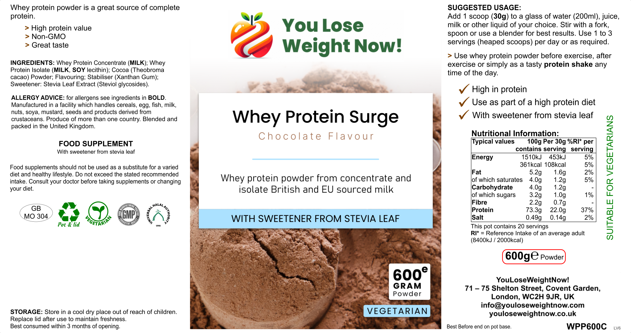WheyNourish Chocolate Flavour Whey Protein Surge — front label view of the 1500ml white round barrel supplement pot showing full ingredients, nutritional information and YouLoseWeightNow! branding.