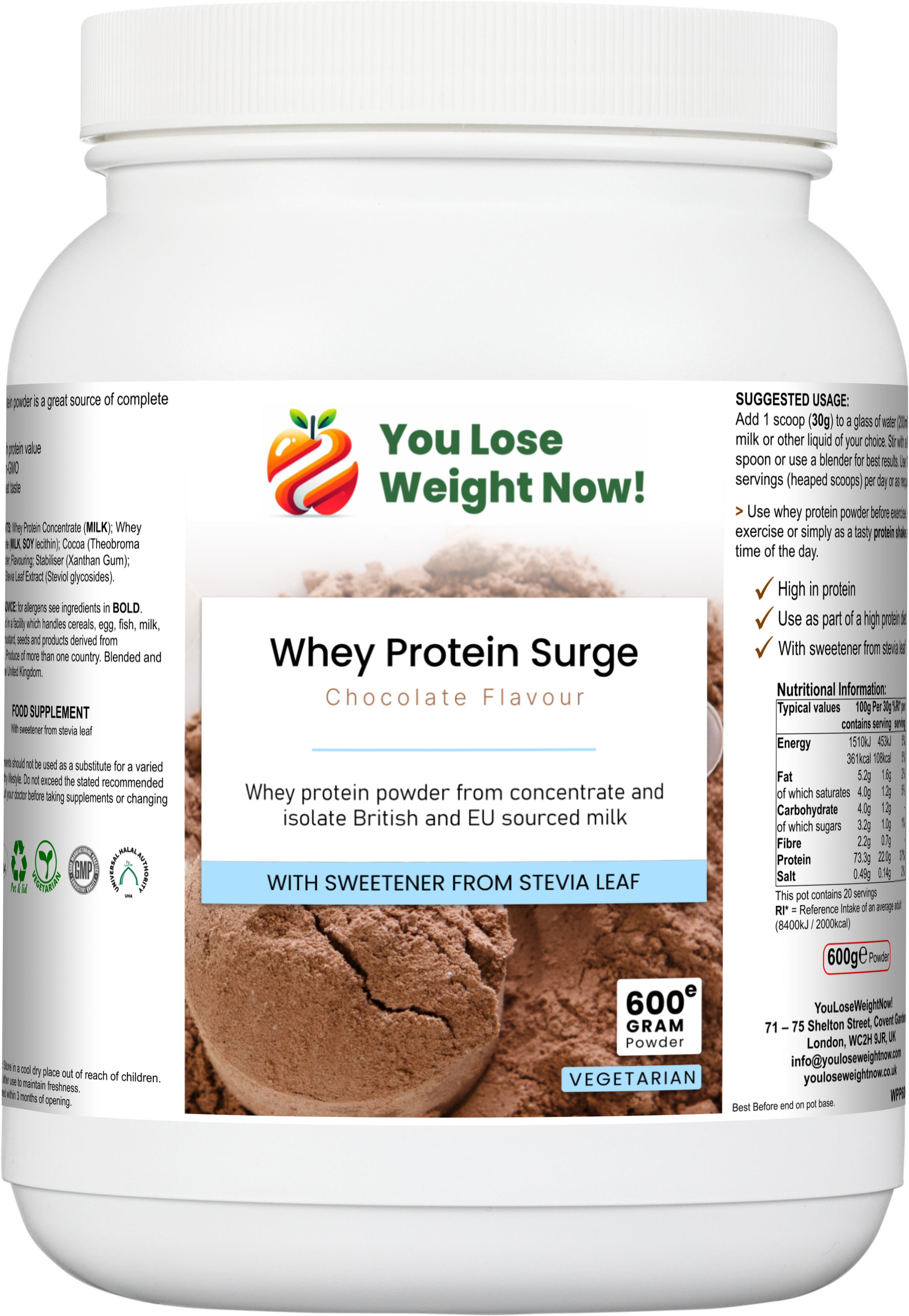 Front render of the WheyNourish Chocolate Flavour Whey Protein Surge 1500ml white round barrel supplement pot showing the full product label and YouLoseWeightNow! branding.