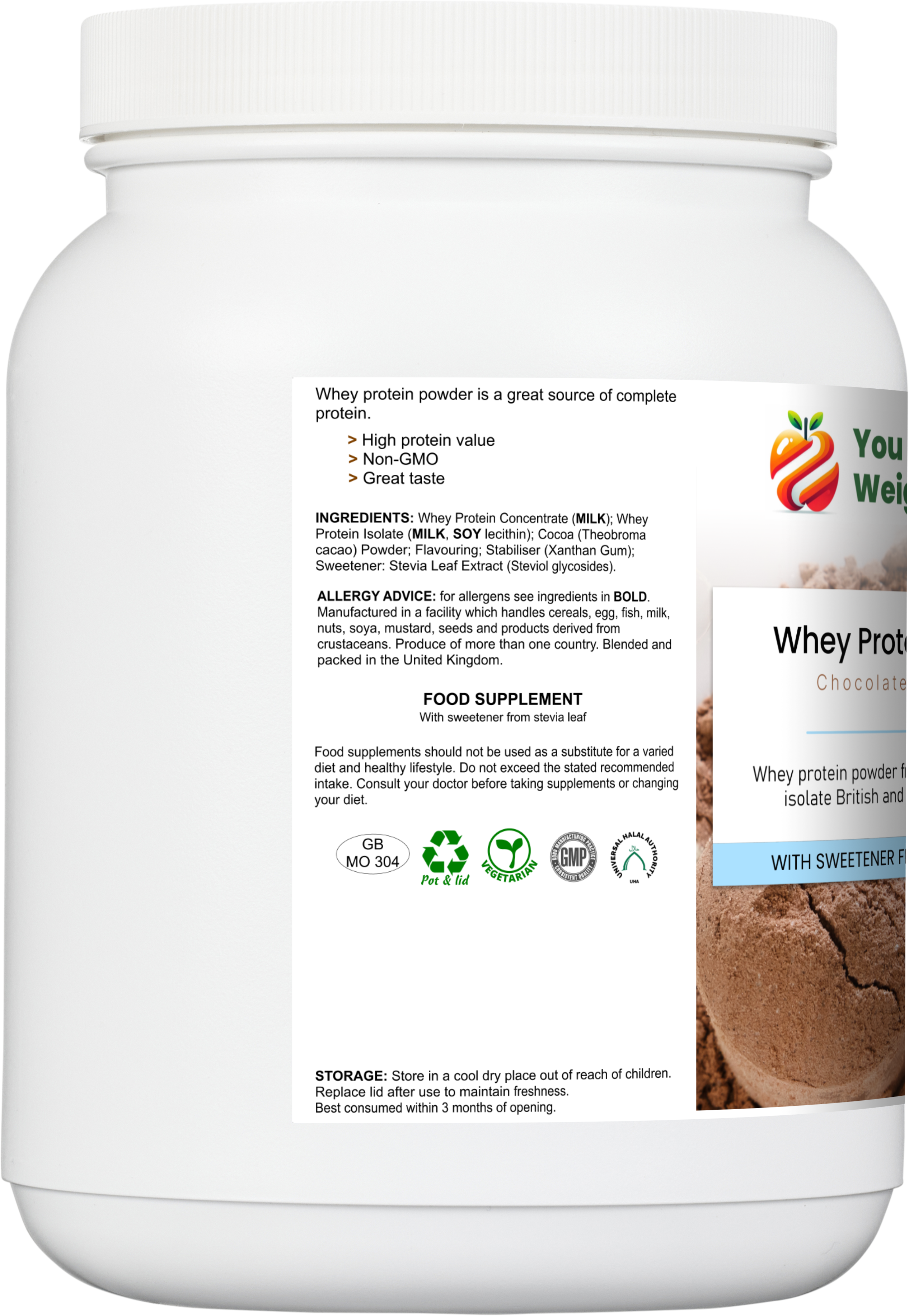 Right side render of the WheyNourish Chocolate Flavour Whey Protein Surge 1500ml white round barrel supplement pot showing the product label and YouLoseWeightNow! branding.