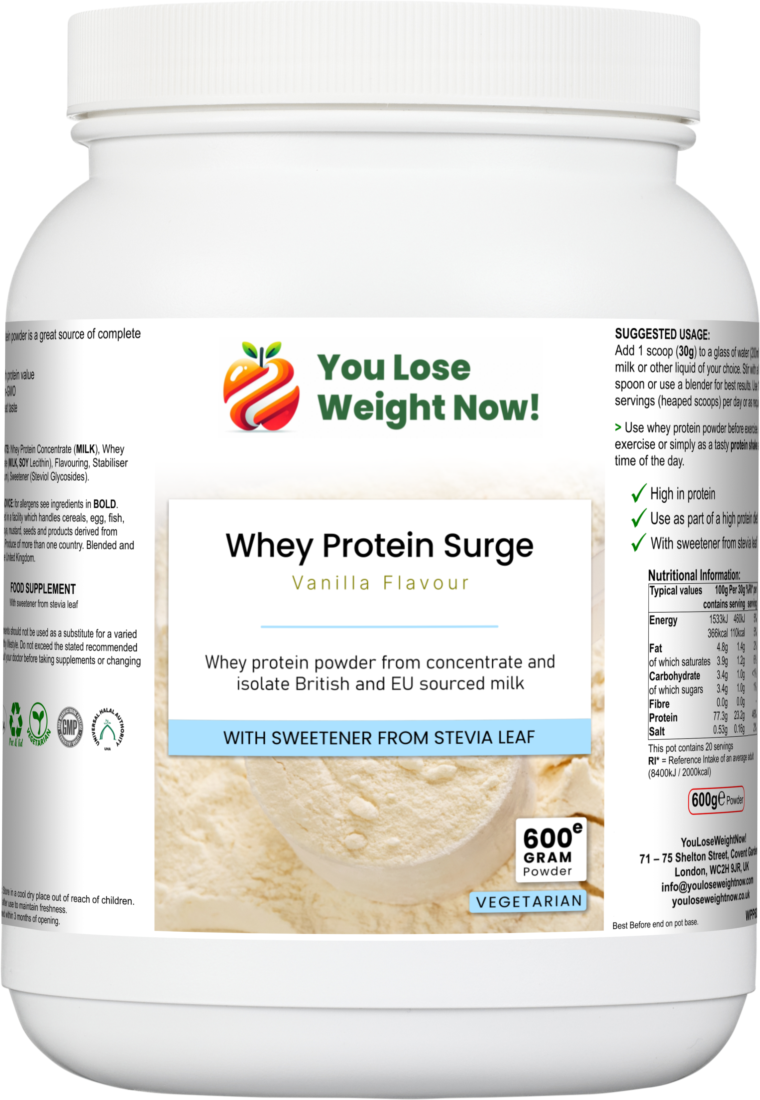 WheyNourish Vanilla Flavour Whey Protein Surge by YouLoseWeightNow! — front of 1500ml white round barrel supplement pot showing the product label, three-quarter angle hero shot.