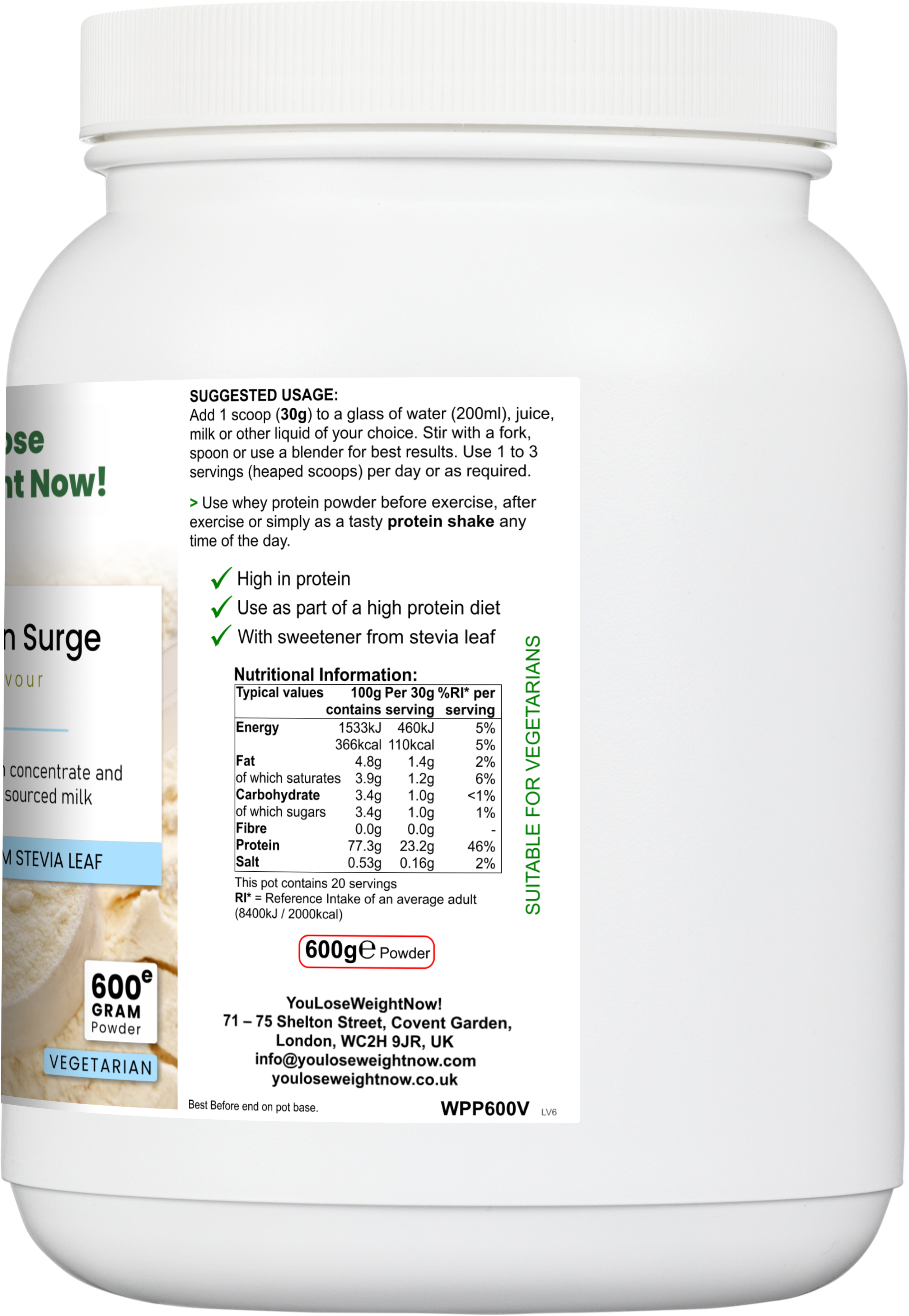 WheyNourish Vanilla Flavour Whey Protein Surge by YouLoseWeightNow! — side angle view of the 1500ml white round barrel supplement pot, left side.