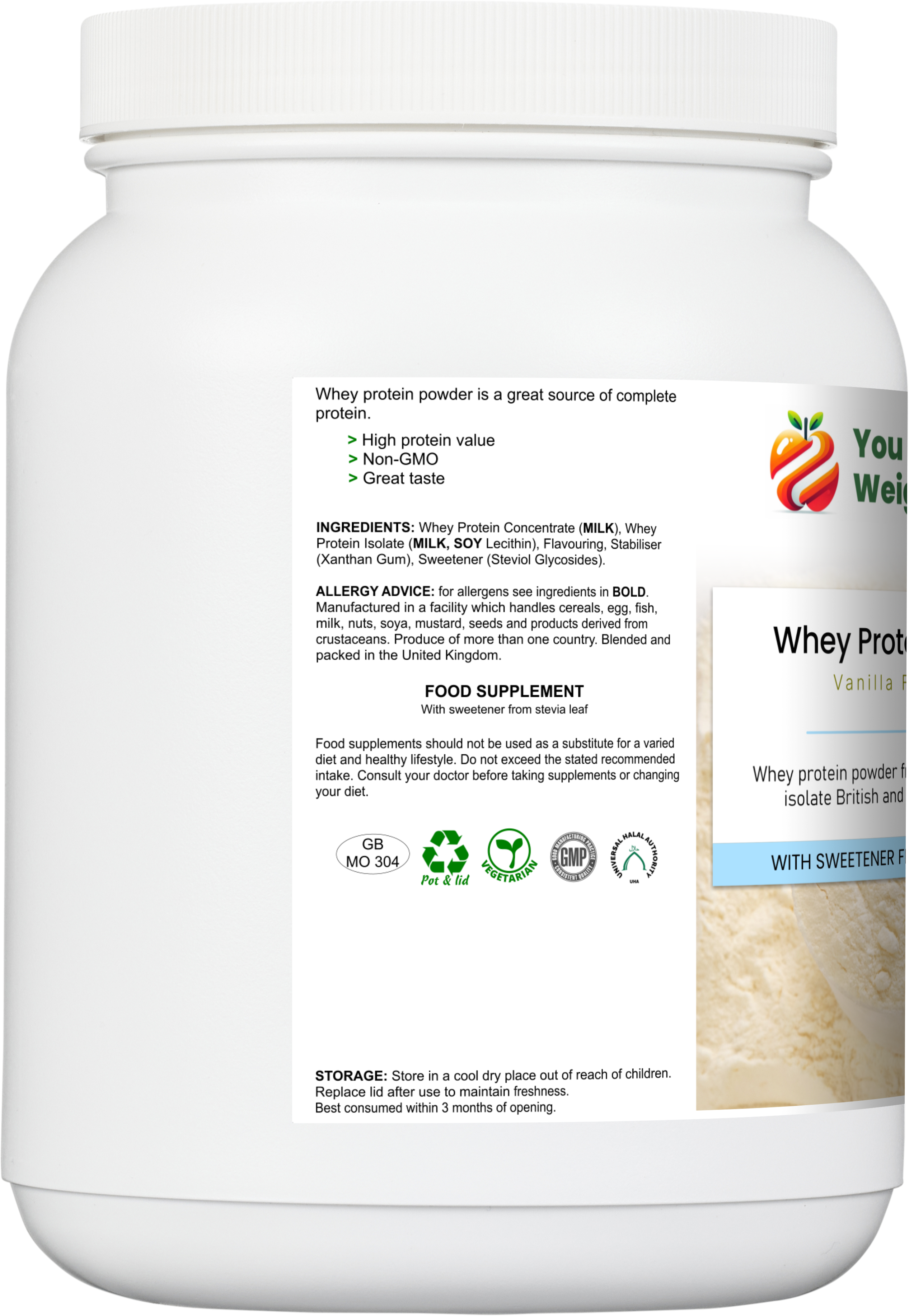 WheyNourish Vanilla Flavour Whey Protein Surge by YouLoseWeightNow! — side angle view of the 1500ml white round barrel supplement pot, right side.