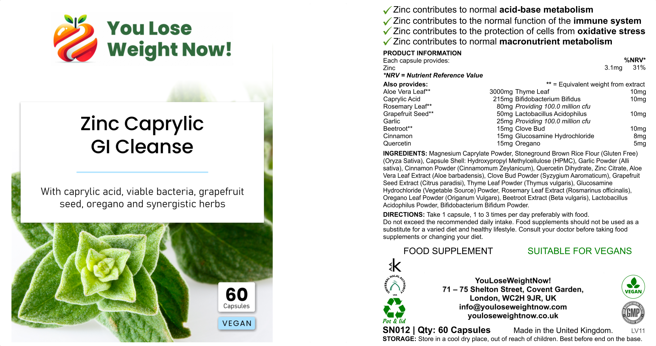 Zinc Caprylic GI Cleanse flat postal pot — three-panel hero render showing front, side and back label detail. Clean product render, no overlay.