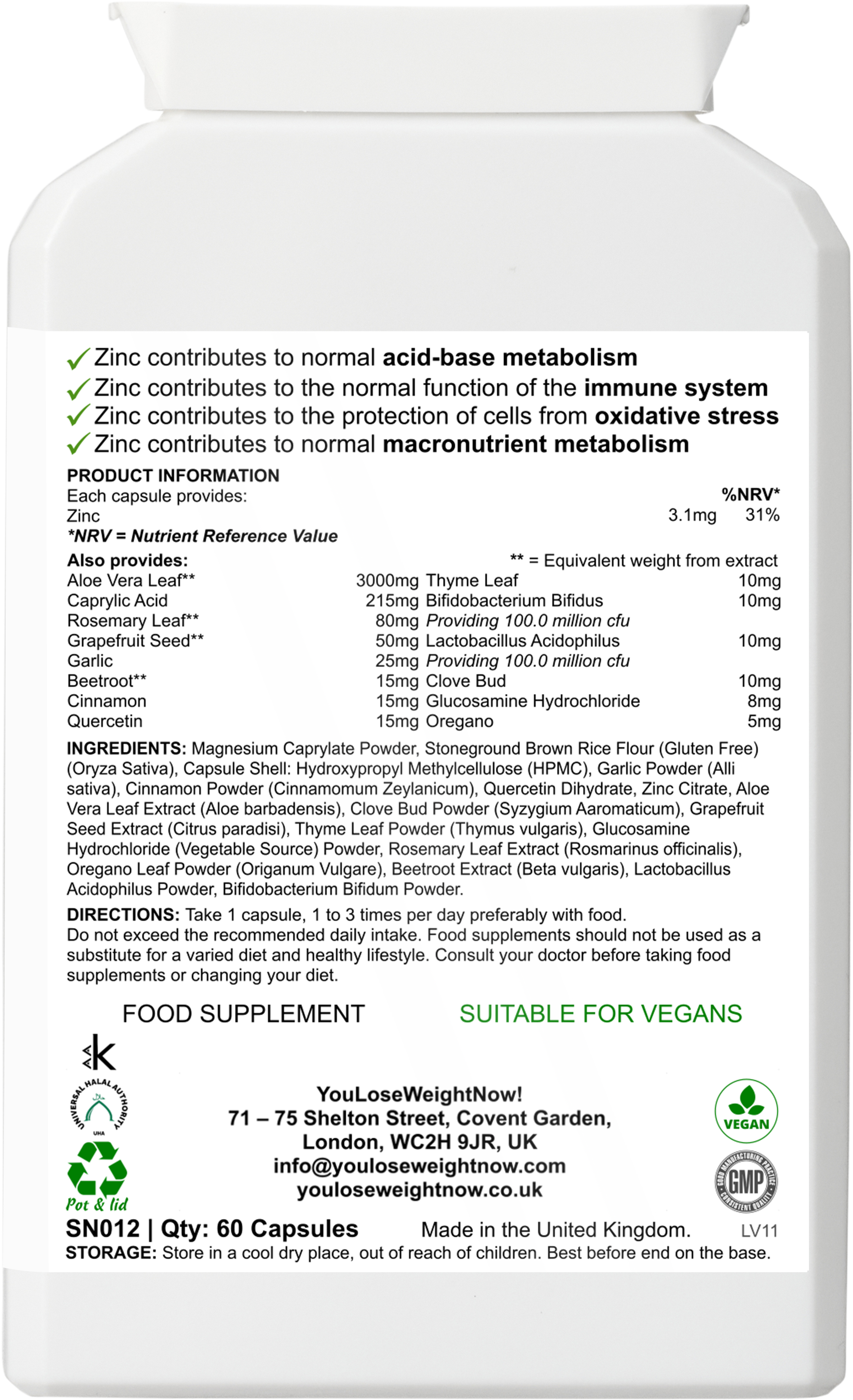 Zinc Caprylic GI Cleanse flat postal pot — reverse perspective render showing the back label. Clean product render, no overlay.