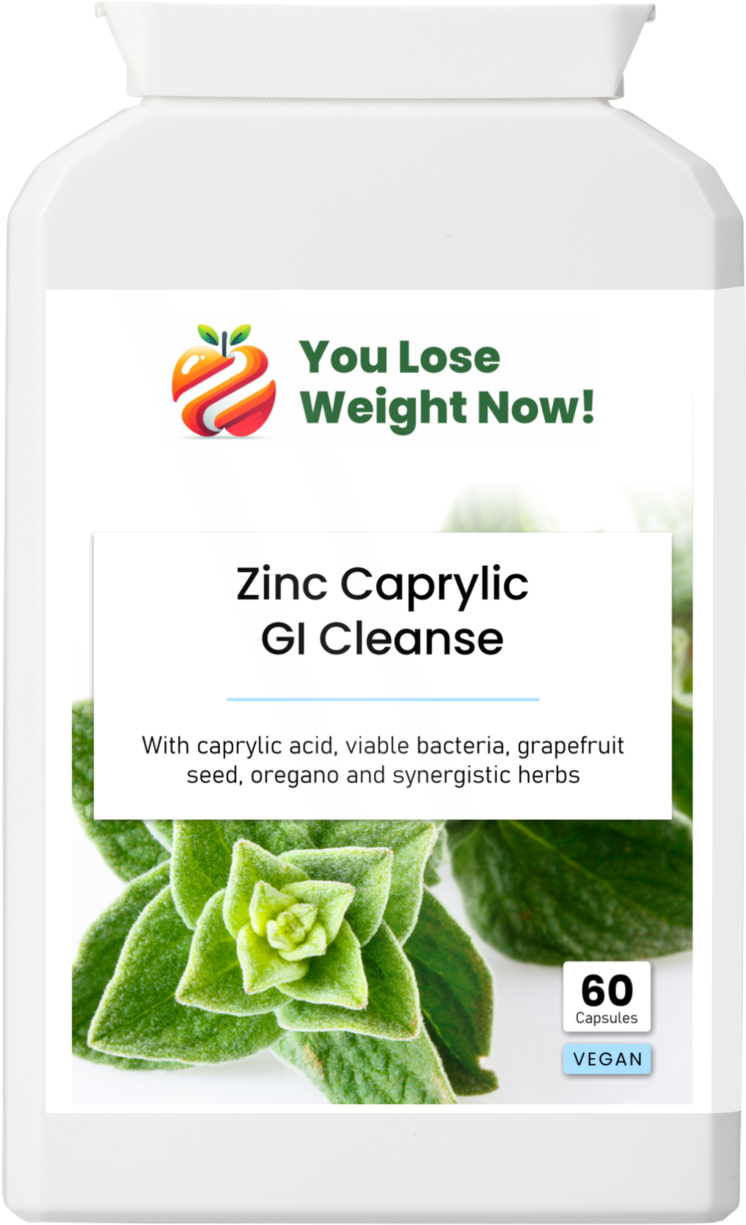 Zinc Caprylic GI Cleanse flat postal pot — front label render showing full ingredient and branding detail. Clean product render, no overlay.
