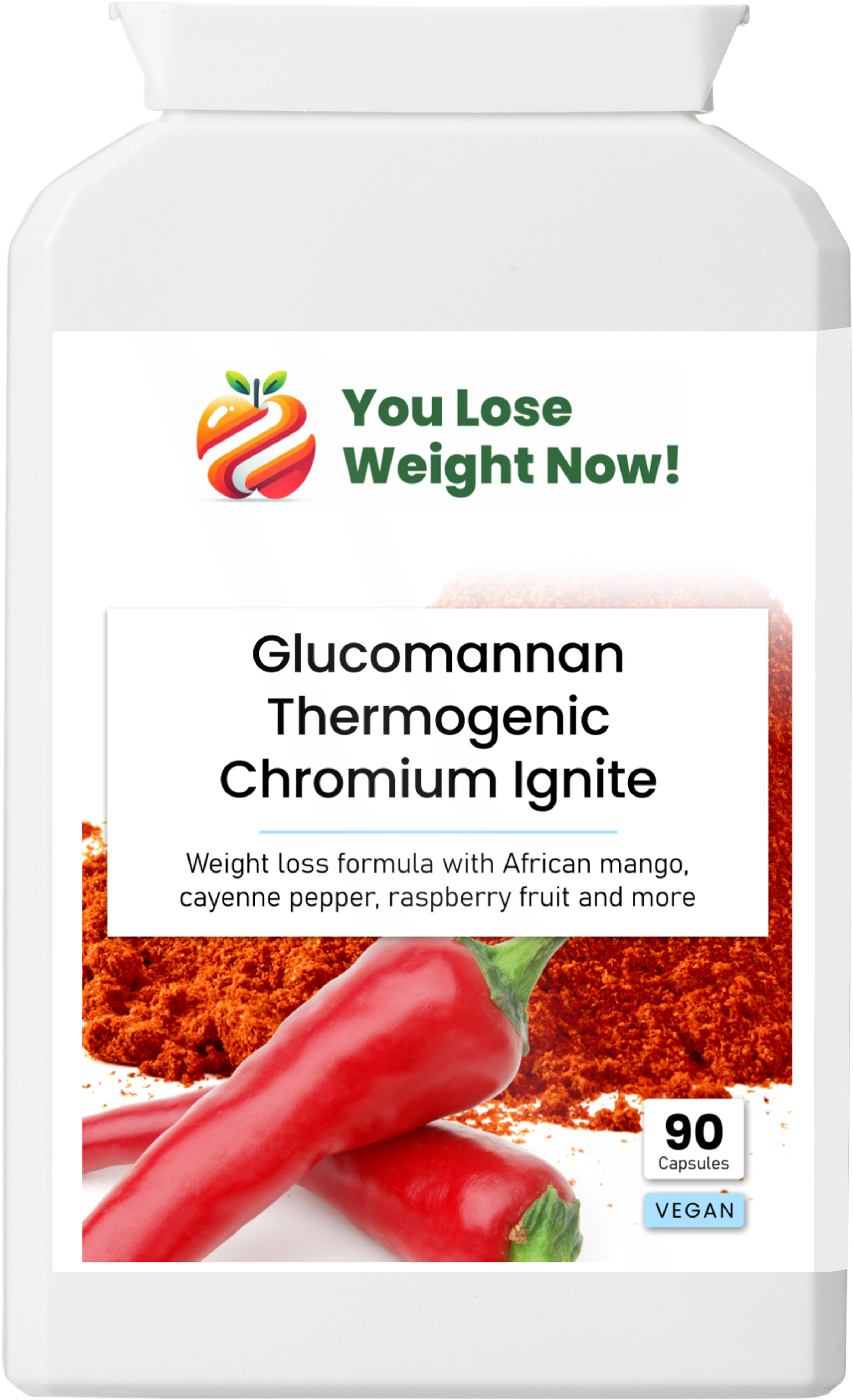 Glucomannan Thermogenic Chromium Ignite by YouLoseWeightNow! — front panel render of a tiny flat wide-lidded supplement pot.