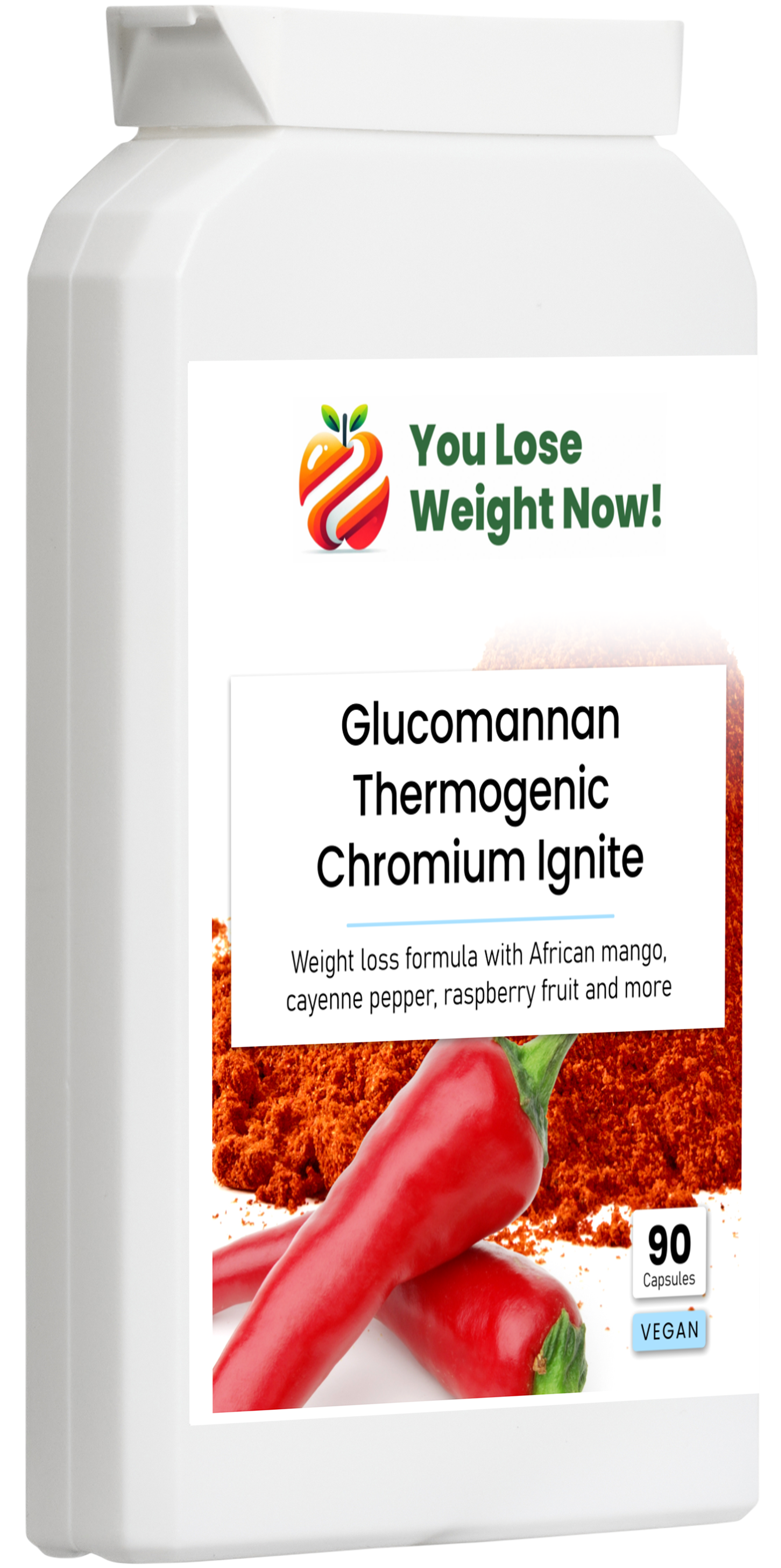  Glucomannan Thermogenic Chromium Ignite by YouLoseWeightNow! — perspective render of a tiny flat wide-lidded supplement pot.