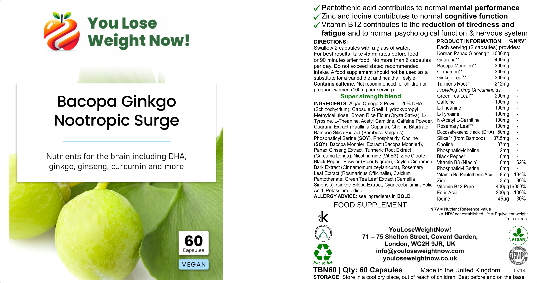 Bacopa Ginkgo Nootropic Surge by YouLoseWeightNow! — flat postal supplement pot, three-quarter hero render showing front label